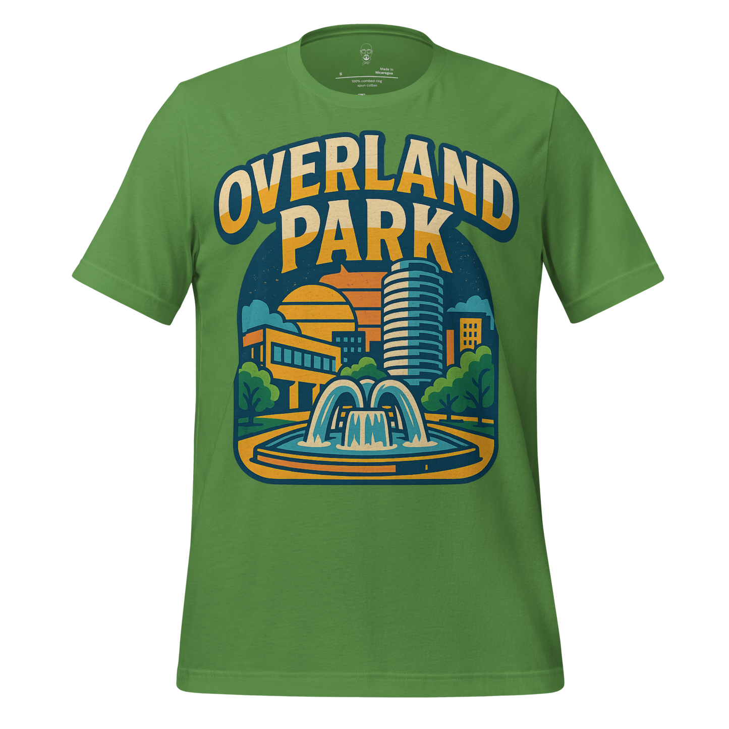 Green Overland Park t-shirt by JMK Drip featuring cityscape and fountain graphic design