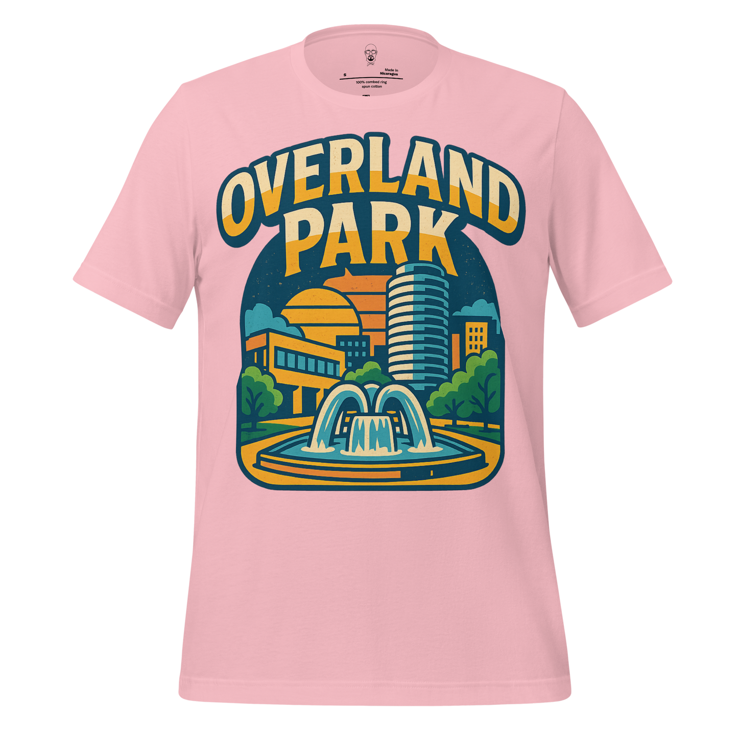 Pink Overland Park t-shirt by JMK Drip featuring a cityscape and fountain graphic