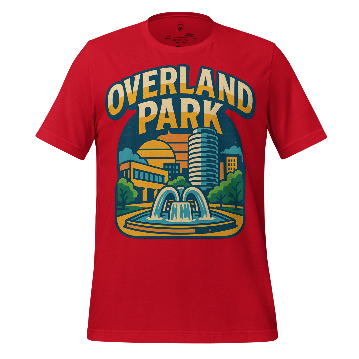 Red Overland Park t-shirt by JMK Drip featuring downtown cityscape and fountain graphic