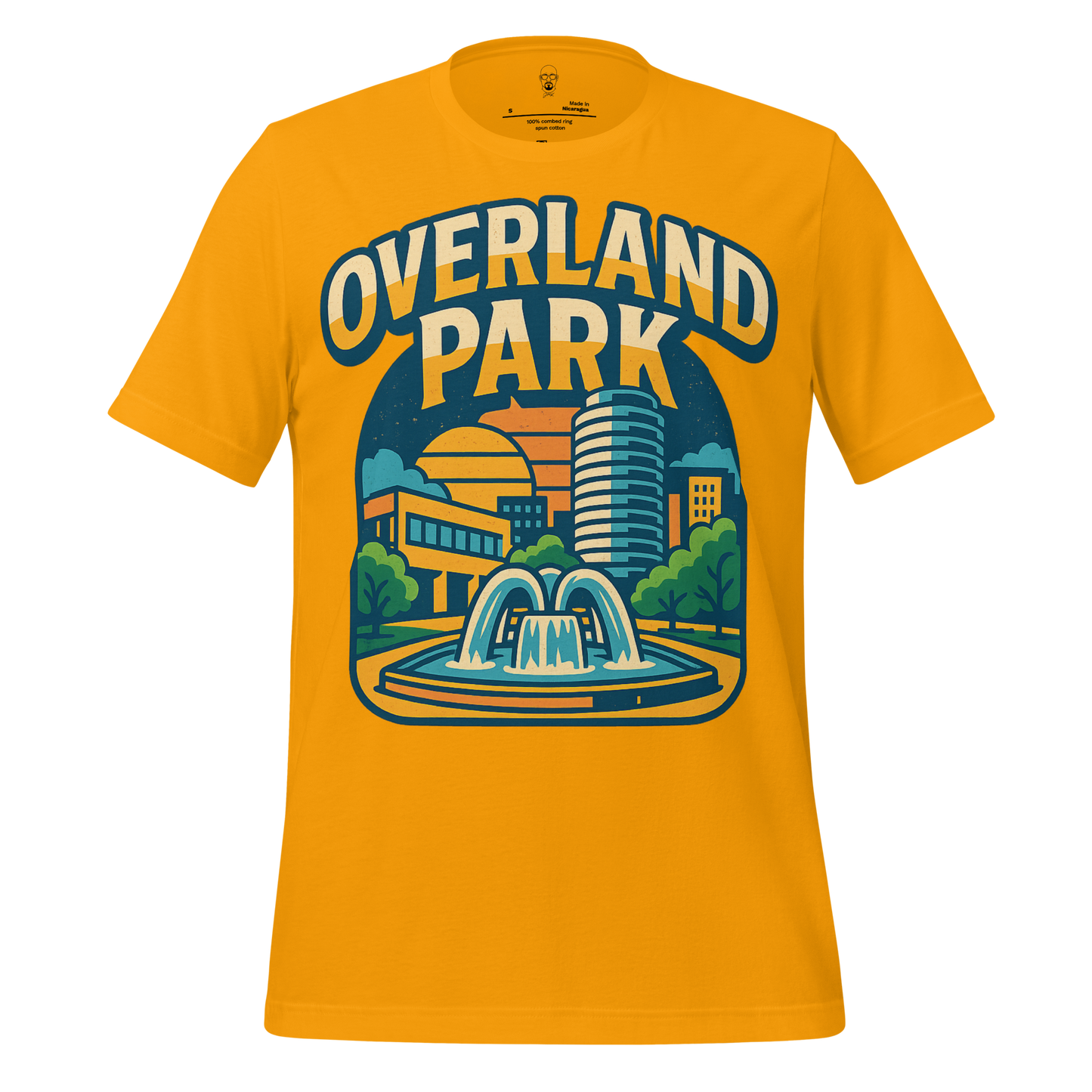 JMK Drip yellow Overland Park t-shirt with cityscape and fountain graphic design