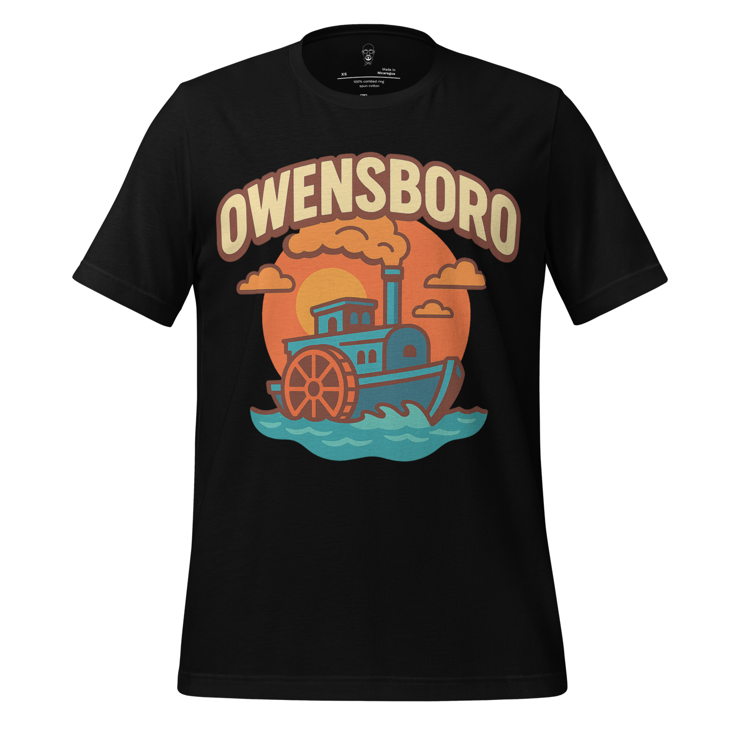 Black Owensboro graphic t-shirt featuring a colorful steamboat and sunset design by JMK Drip