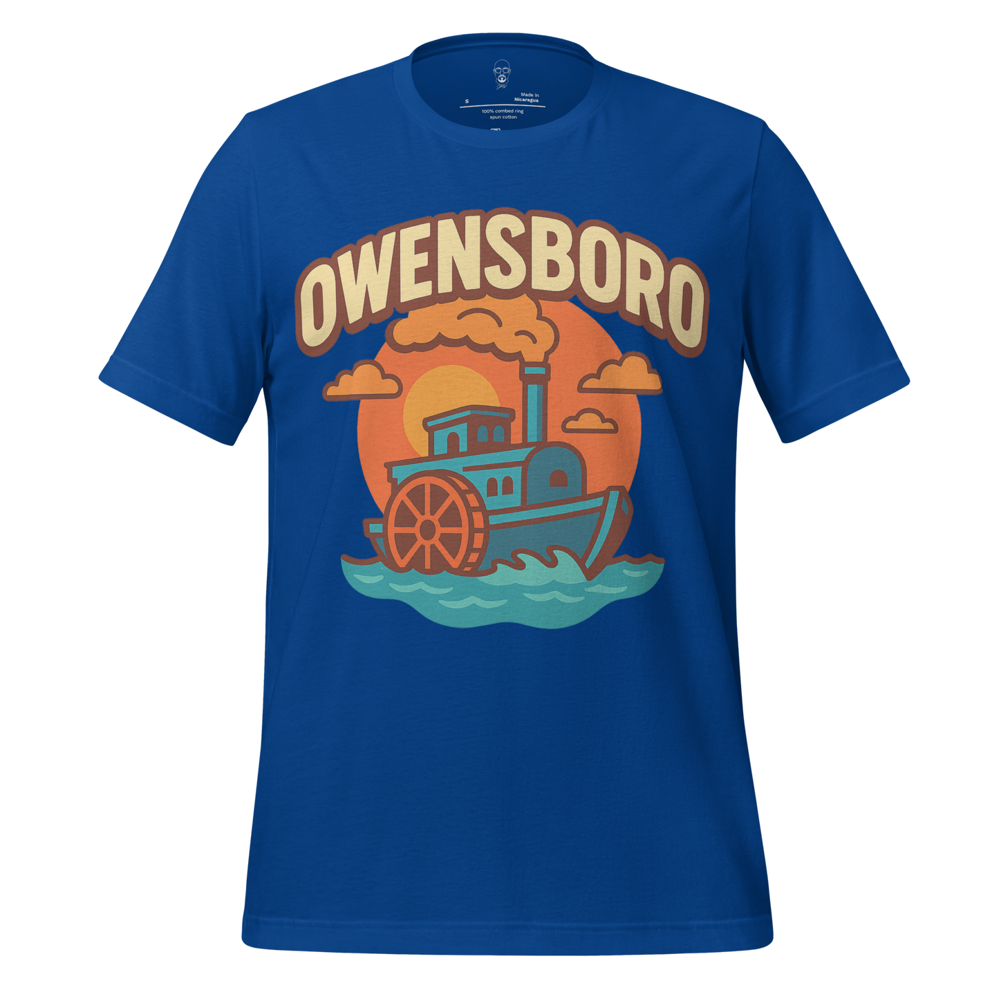 JMK Drip Owensboro graphic t-shirt featuring a steamboat design on a blue background
