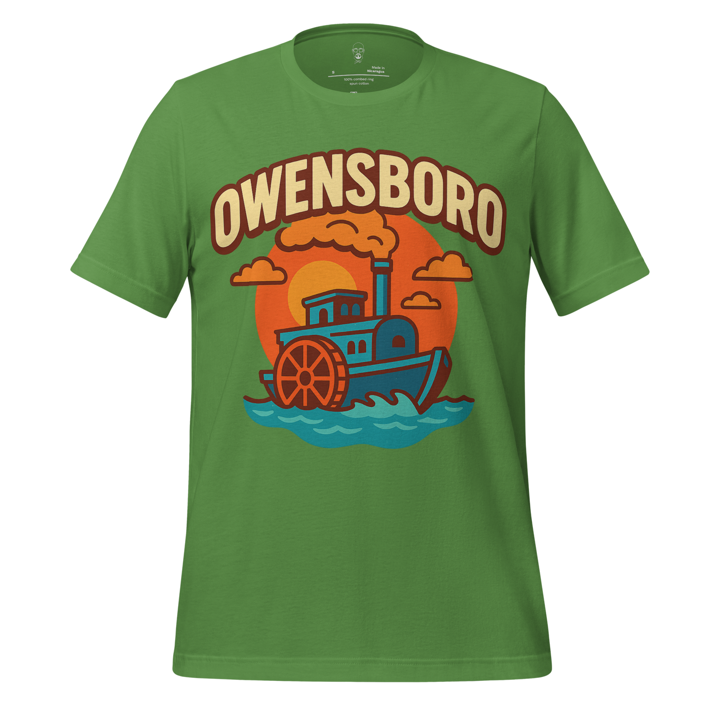 Green Owensboro graphic t-shirt by JMK Drip featuring a colorful steamboat design with sunset and clouds