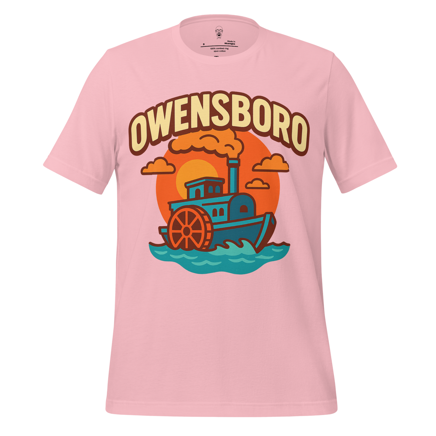 Pink Owensboro graphic t-shirt with colorful steamboat design and sunset background
