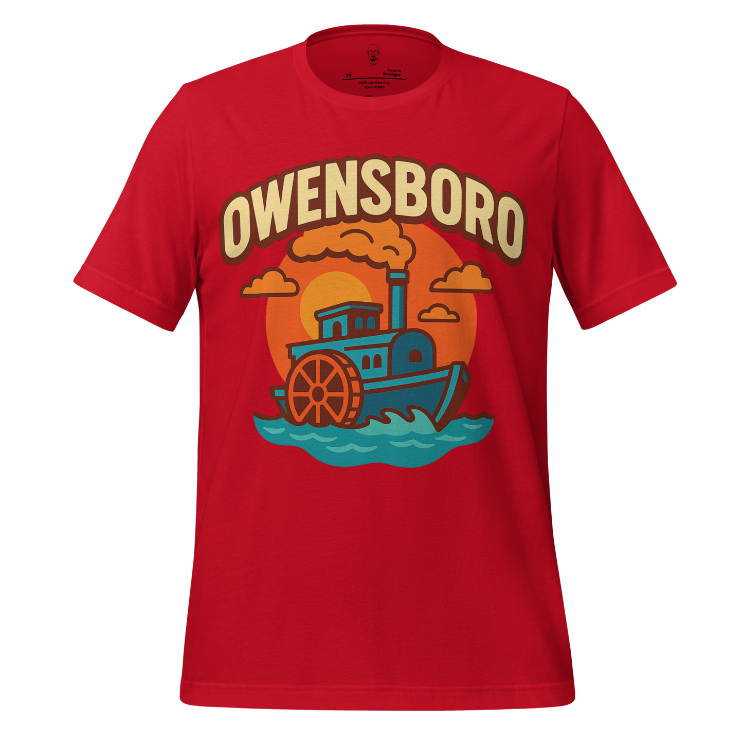 Red Owensboro graphic t-shirt featuring a colorful steamboat design with sunset background