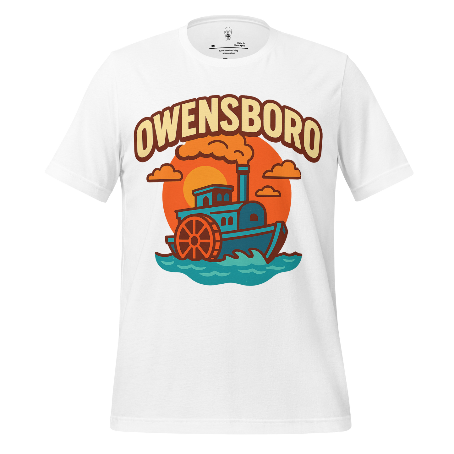 White Owensboro graphic t-shirt featuring a colorful steamboat design with orange sun and clouds