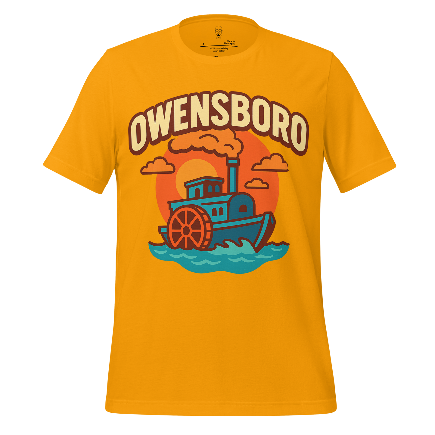 Yellow Owensboro graphic t-shirt with blue steamboat and orange sunset design by JMK Drip