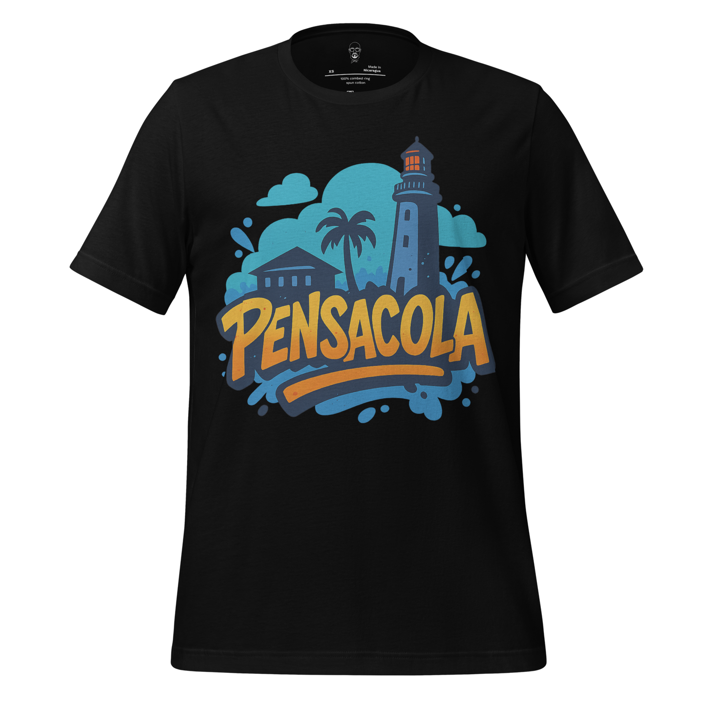 Black Pensacola Graphic T-Shirt featuring lighthouse, palm tree, and bold Pensacola text design