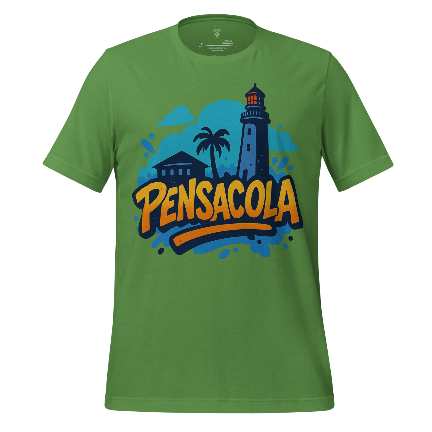 Green Pensacola Graphic T-Shirt with lighthouse palm tree and bold yellow text design