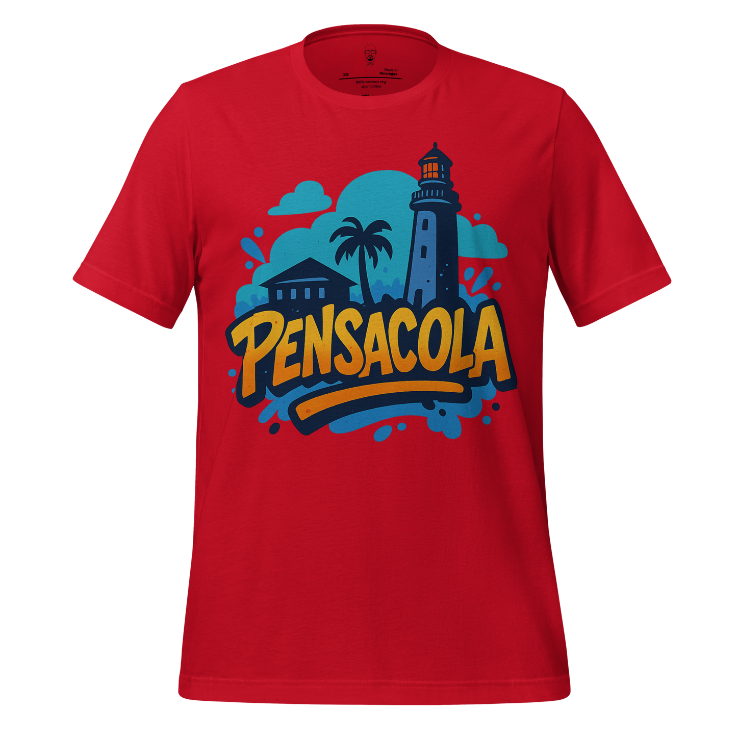 Red Pensacola Graphic T-Shirt with lighthouse, palm tree, and blue cloud design