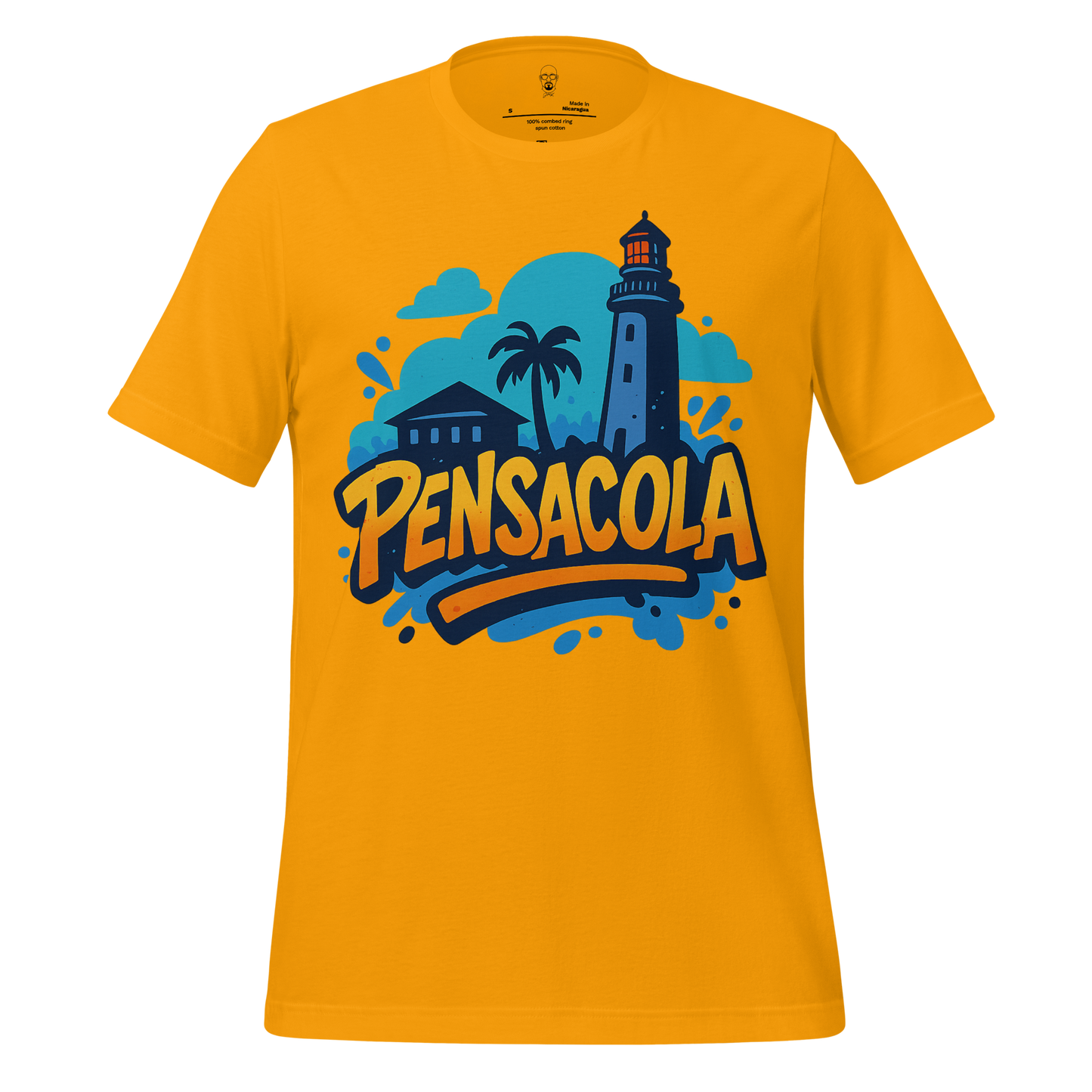 Yellow Pensacola Graphic T-Shirt with lighthouse and palm tree design on front