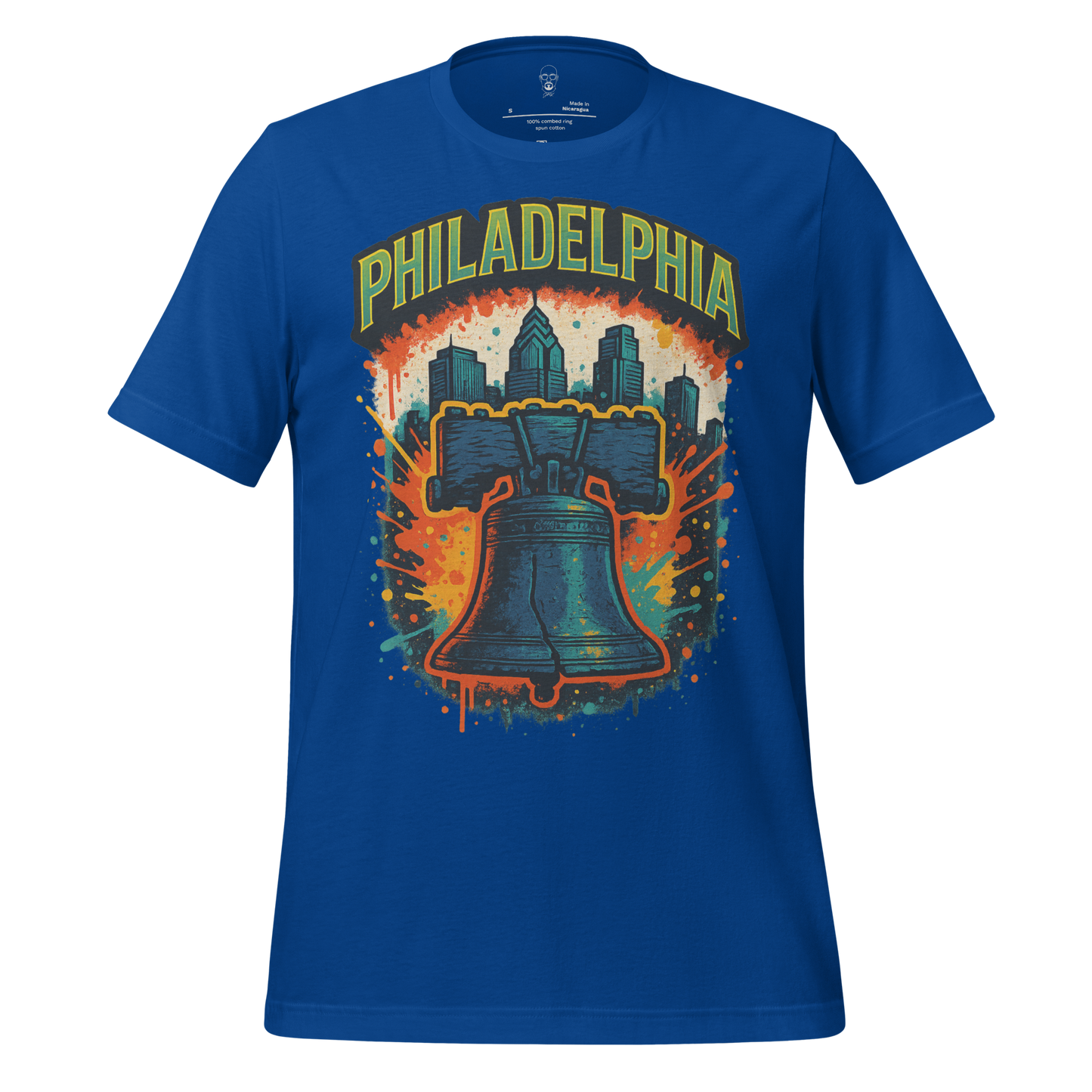 Blue Philadelphia Graphic T-Shirt featuring Liberty Bell and city skyline design by JMK Drip