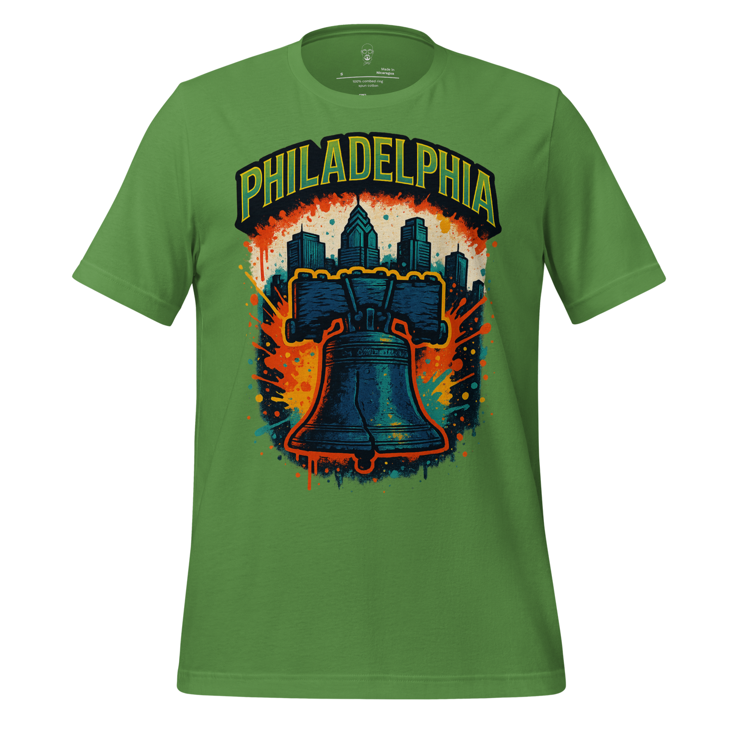 JMK Drip green Philadelphia Graphic T-Shirt with Liberty Bell and city skyline design