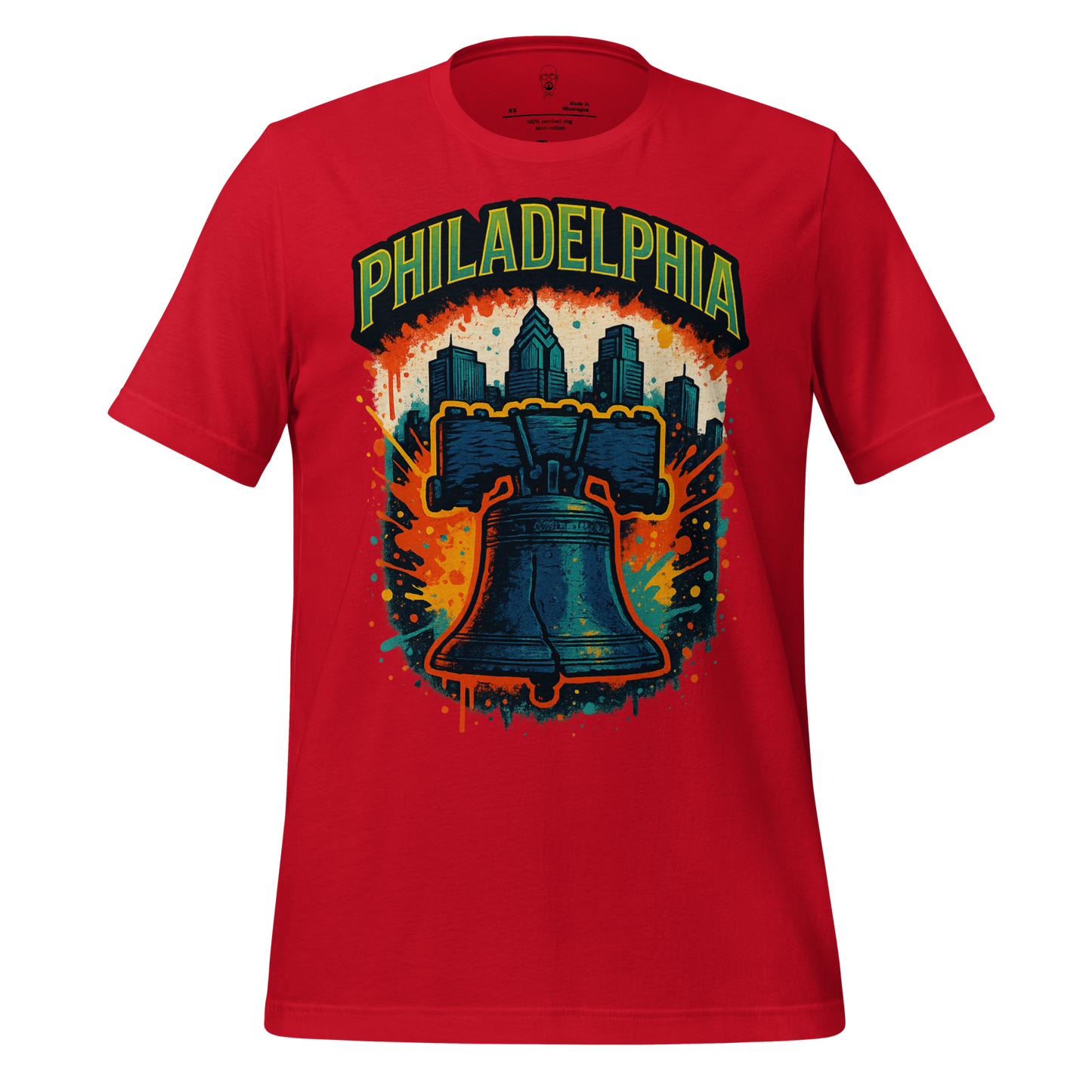 Red JMK Drip Philadelphia Graphic T-Shirt featuring Liberty Bell and city skyline design