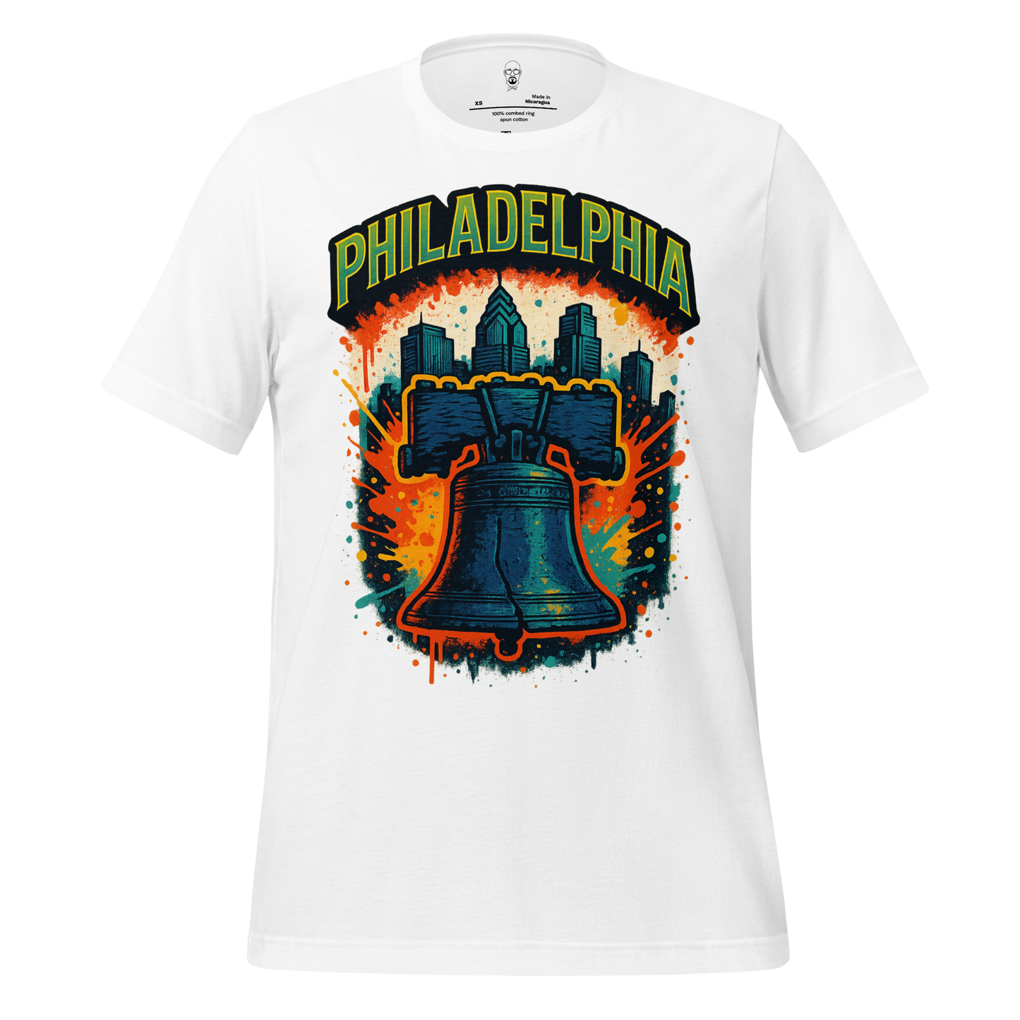 White Philadelphia Graphic T-Shirt by JMK Drip featuring Liberty Bell and city skyline design