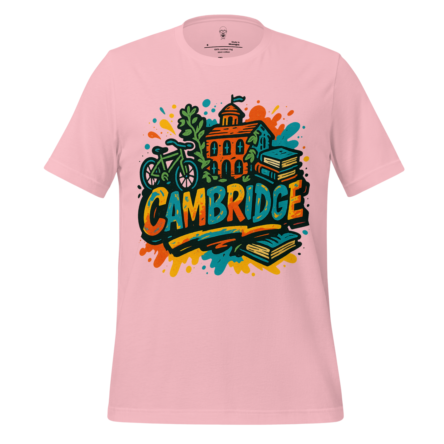 Pink Cambridge graphic t-shirt by JMK Drip with colorful bike, books, and building design