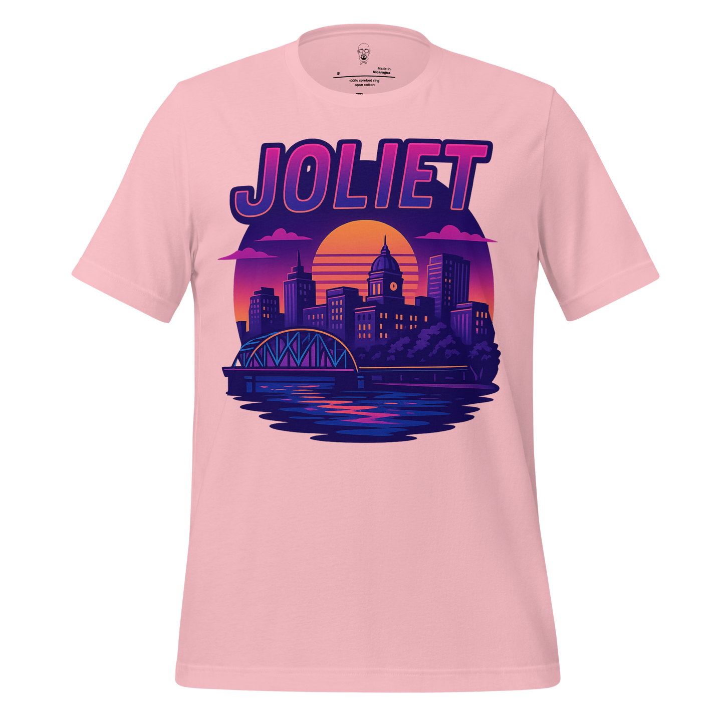 Joliet Graphic T-Shirt by JMK Drip featuring city skyline with sunset and bridge on pink fabric