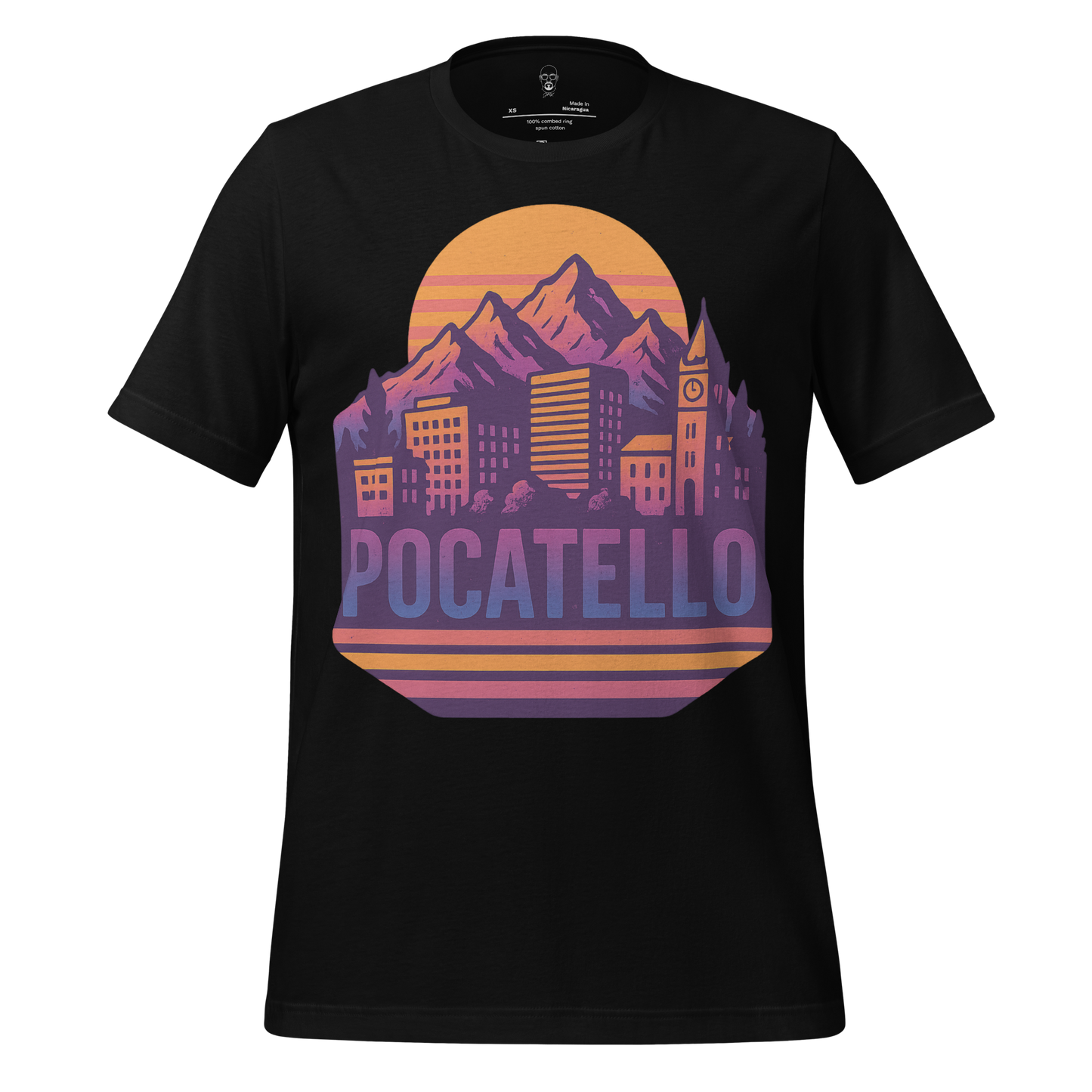 JMK Drip Pocatello Graphic T-Shirt with mountain and city skyline design on black fabric