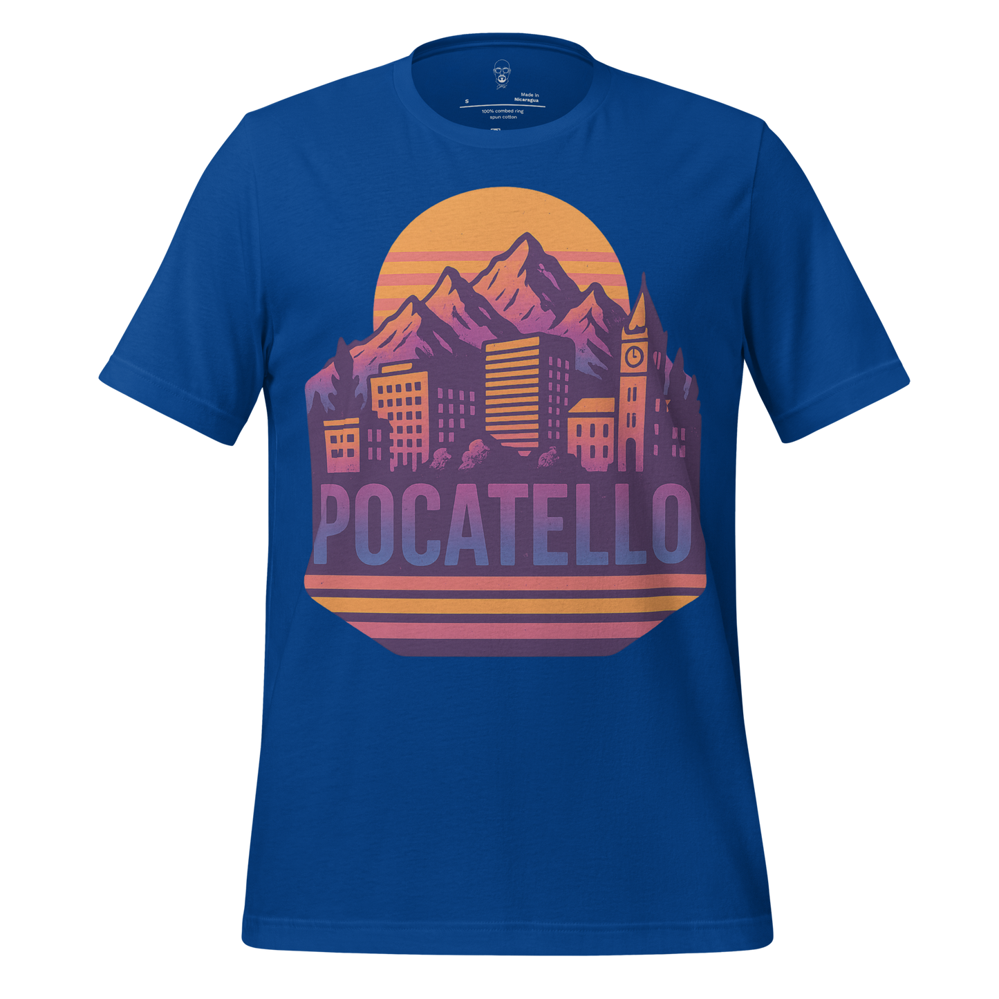 JMK Drip Pocatello Graphic T-Shirt with mountain and city skyline design on blue fabric
