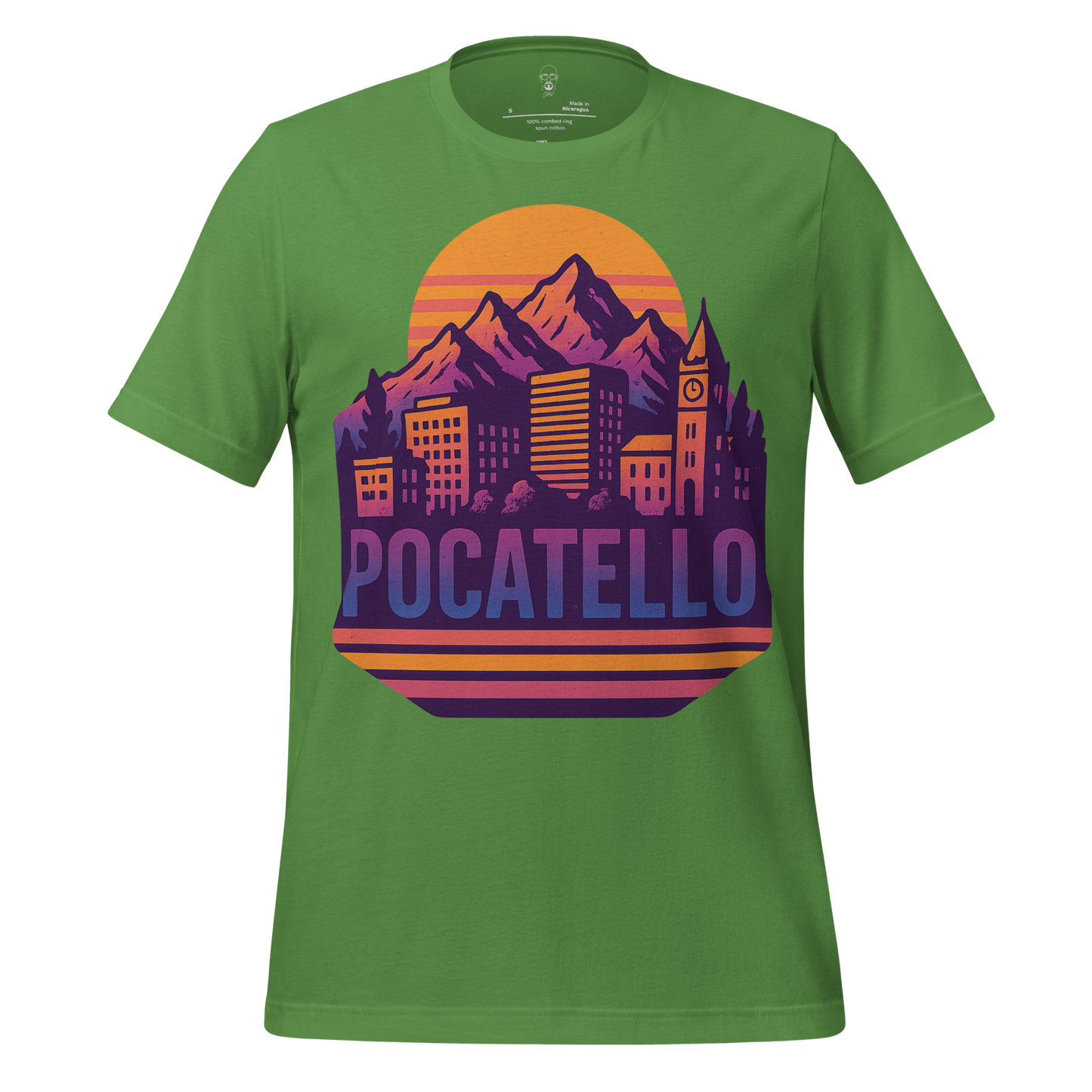 Green JMK Drip Pocatello Graphic T-Shirt with mountain and city skyline design