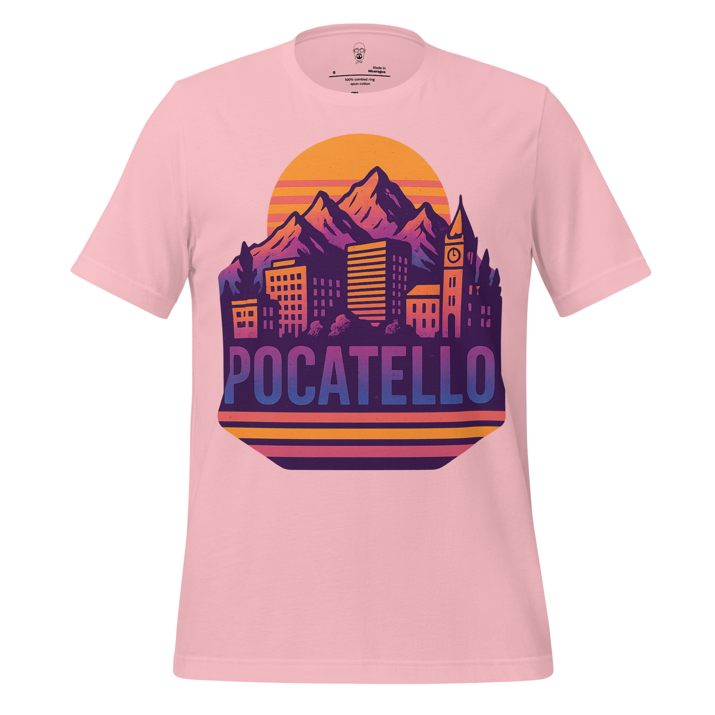 JMK Drip pink Pocatello Graphic T-Shirt with mountain and city skyline design