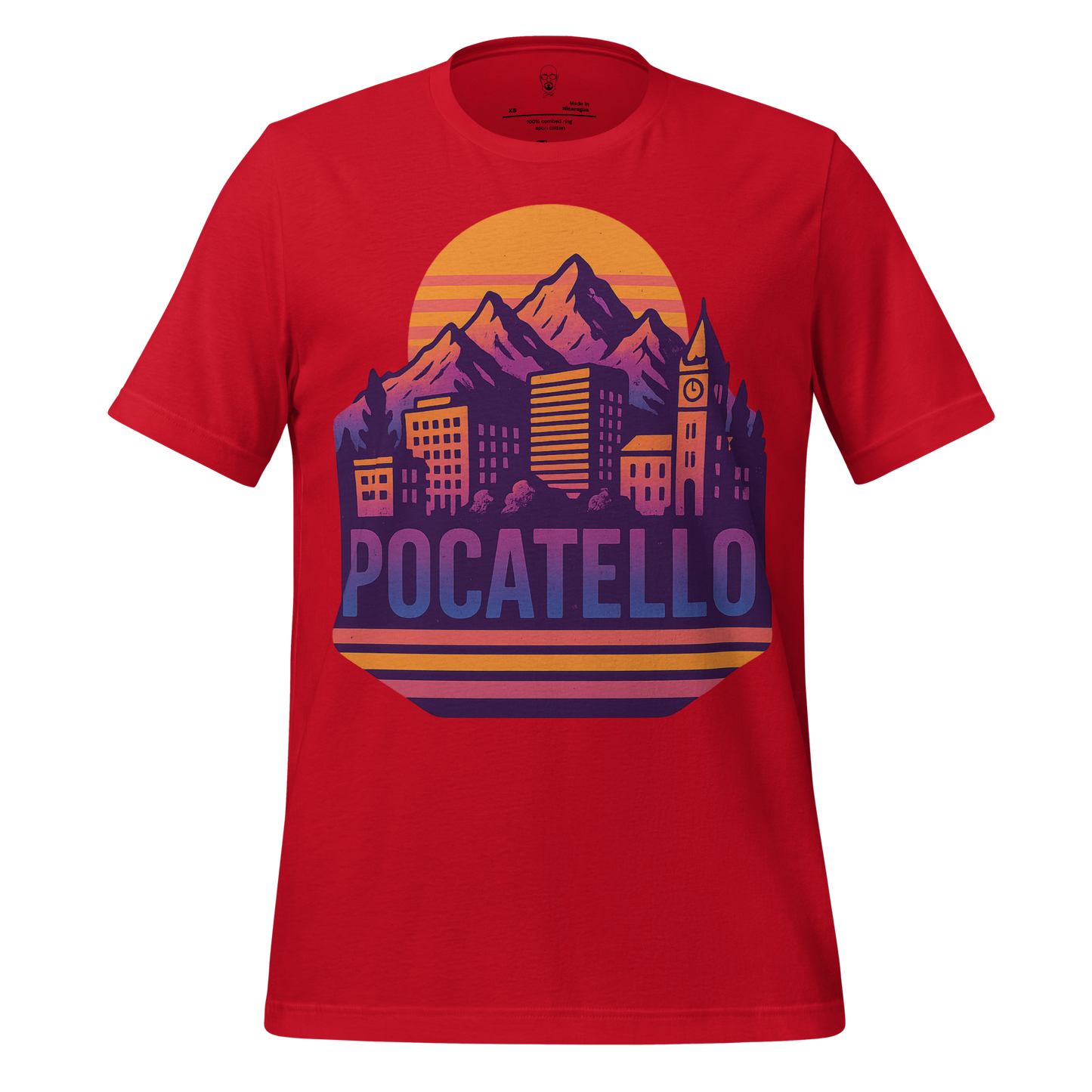 Red JMK Drip Pocatello Graphic T-Shirt with mountain and city skyline design
