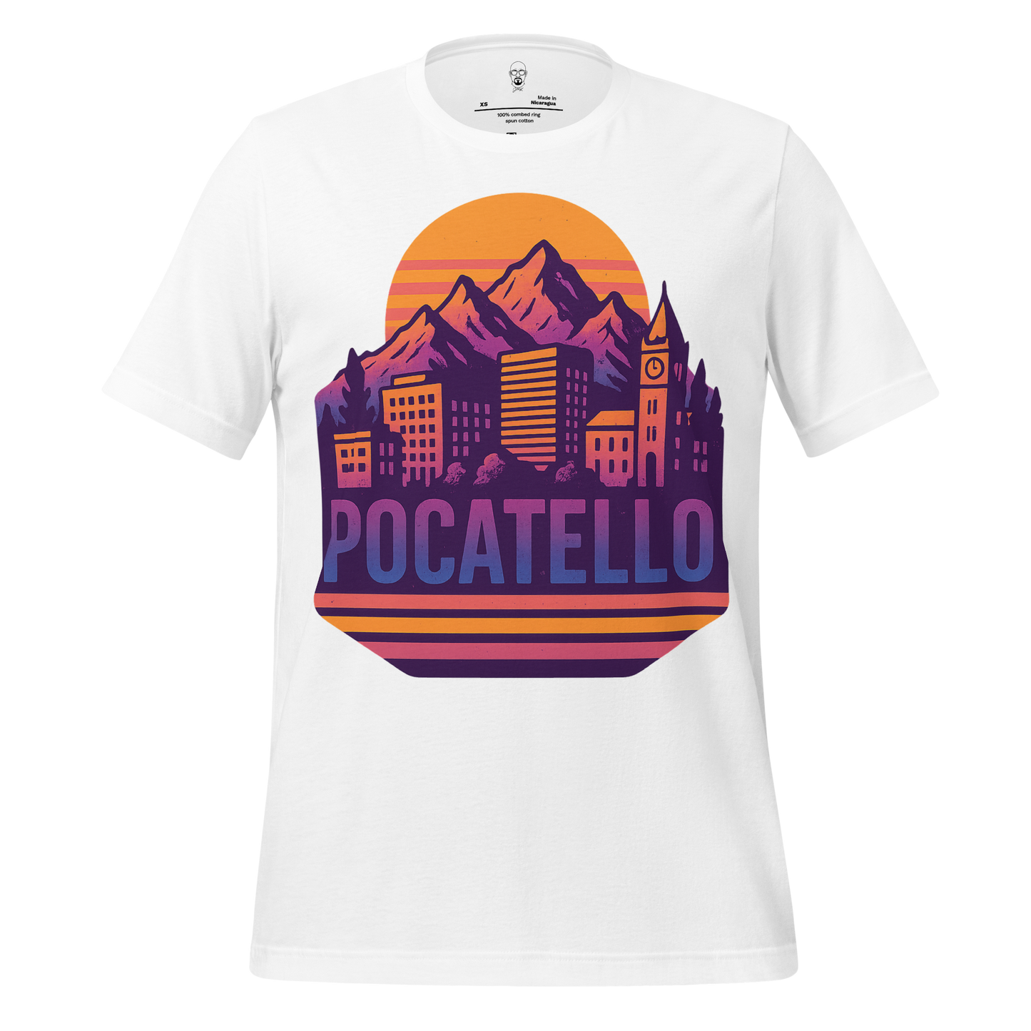 White Pocatello Graphic T-Shirt by JMK Drip featuring mountain and city skyline design with sunset background