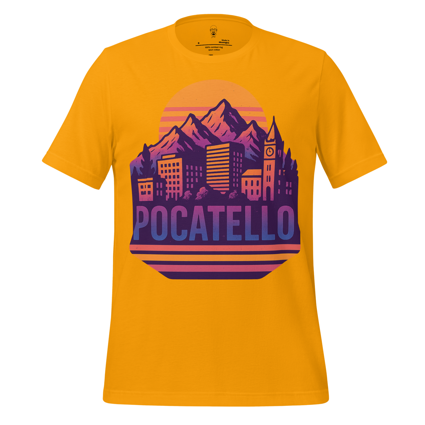 JMK Drip yellow Pocatello Graphic T-Shirt featuring mountain and city skyline design