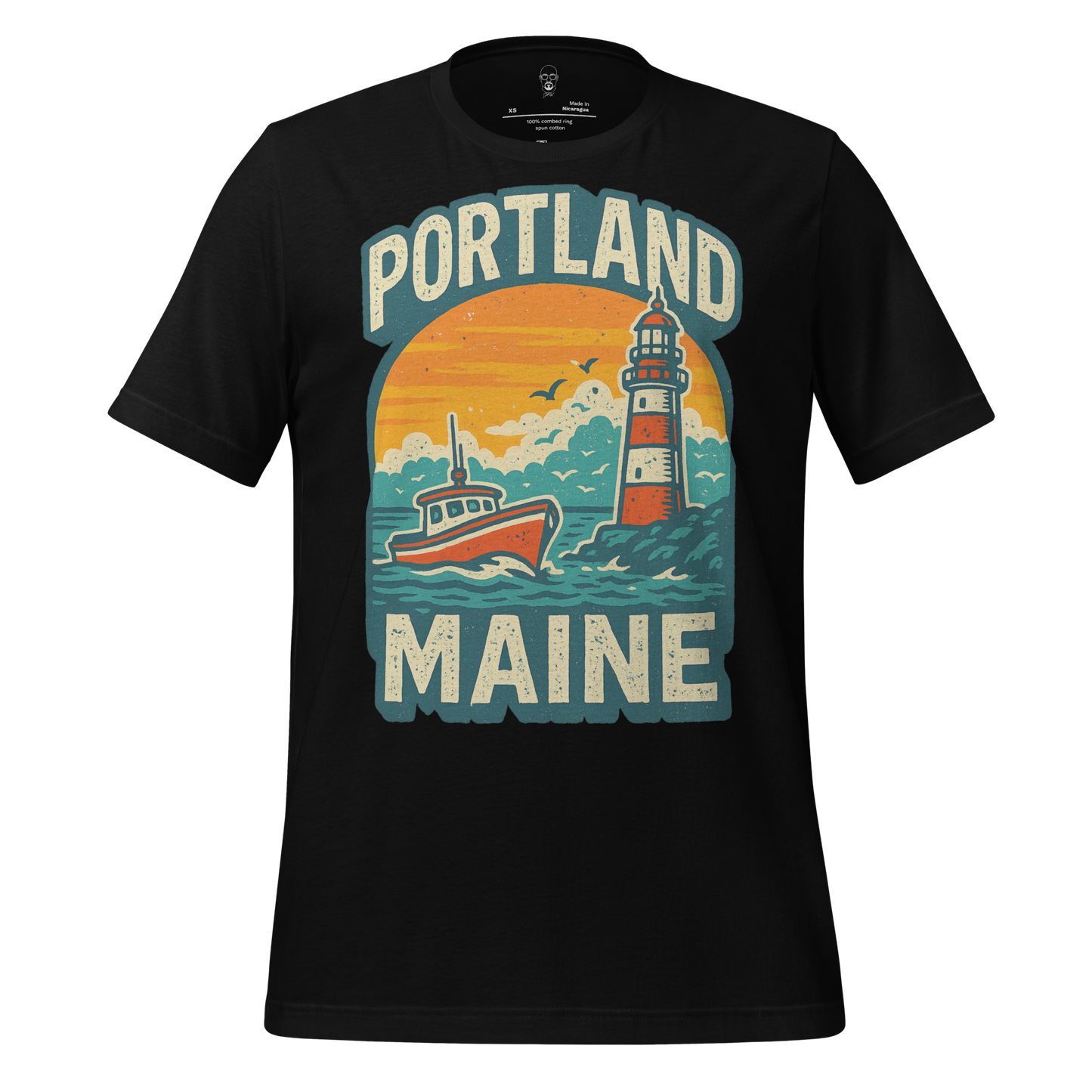 Black Portland Graphic T-Shirt 1featuring Portland Maine lighthouse and boat with sunset background
