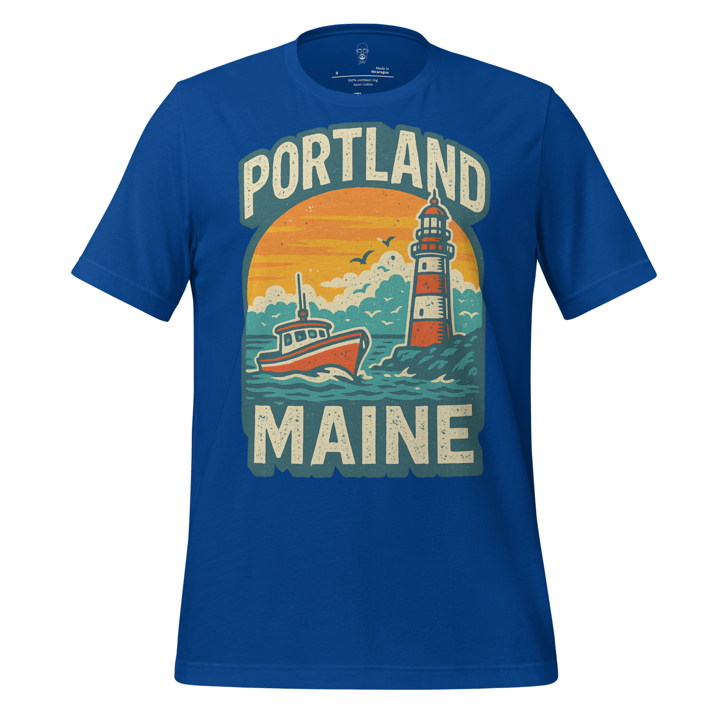 JMK Drip Portland Graphic T-Shirt 1 in blue with lighthouse and boat design featuring Portland Maine text