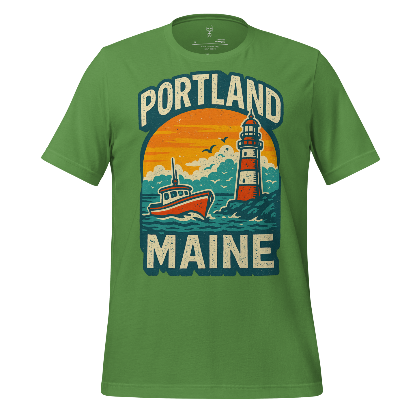 Green Portland Graphic T-Shirt 1 by JMK Drip featuring a lighthouse and boat design with sunset background