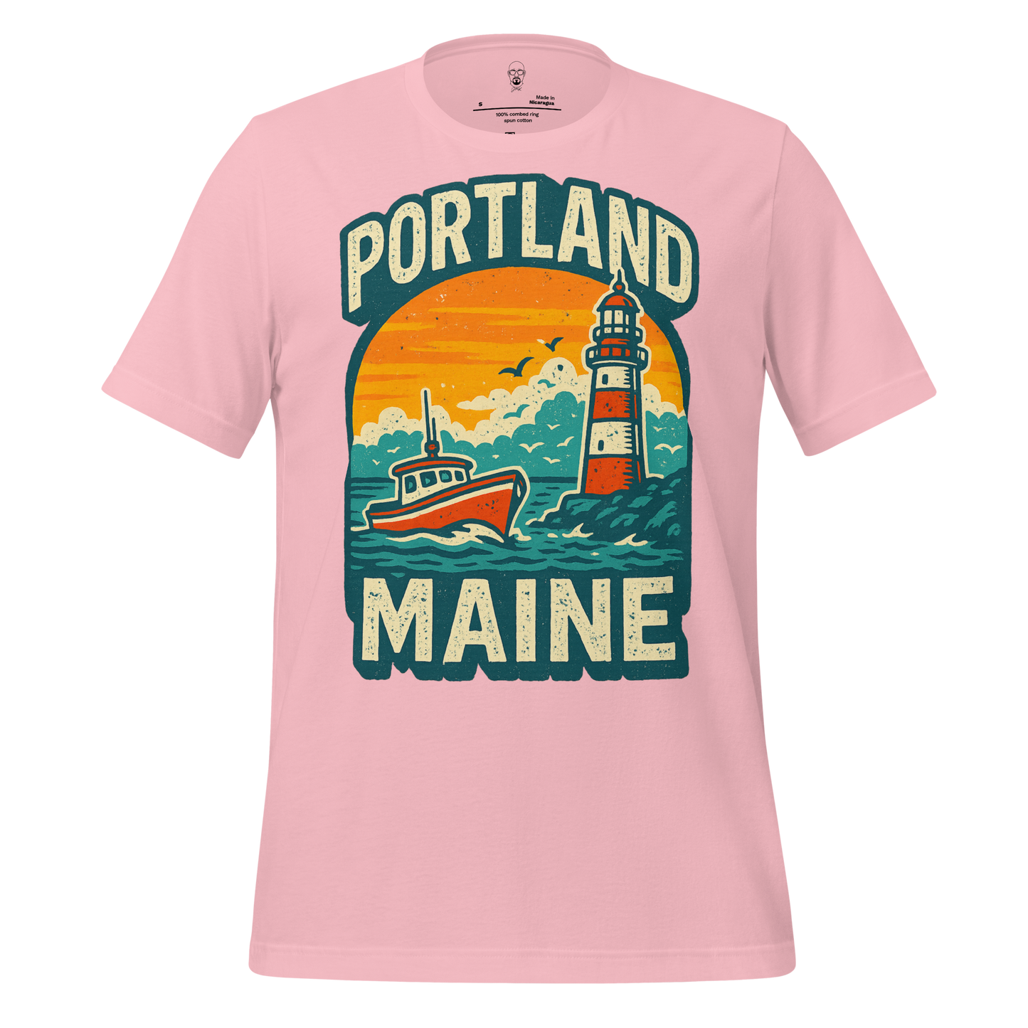 JMK Drip pink Portland Graphic T-Shirt 1 with vintage boat and lighthouse design