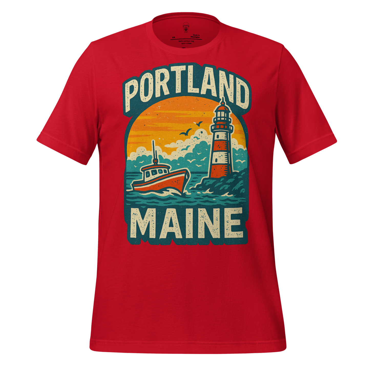 Red Portland Graphic T-Shirt 1 featuring a boat and lighthouse design with Portland Maine text