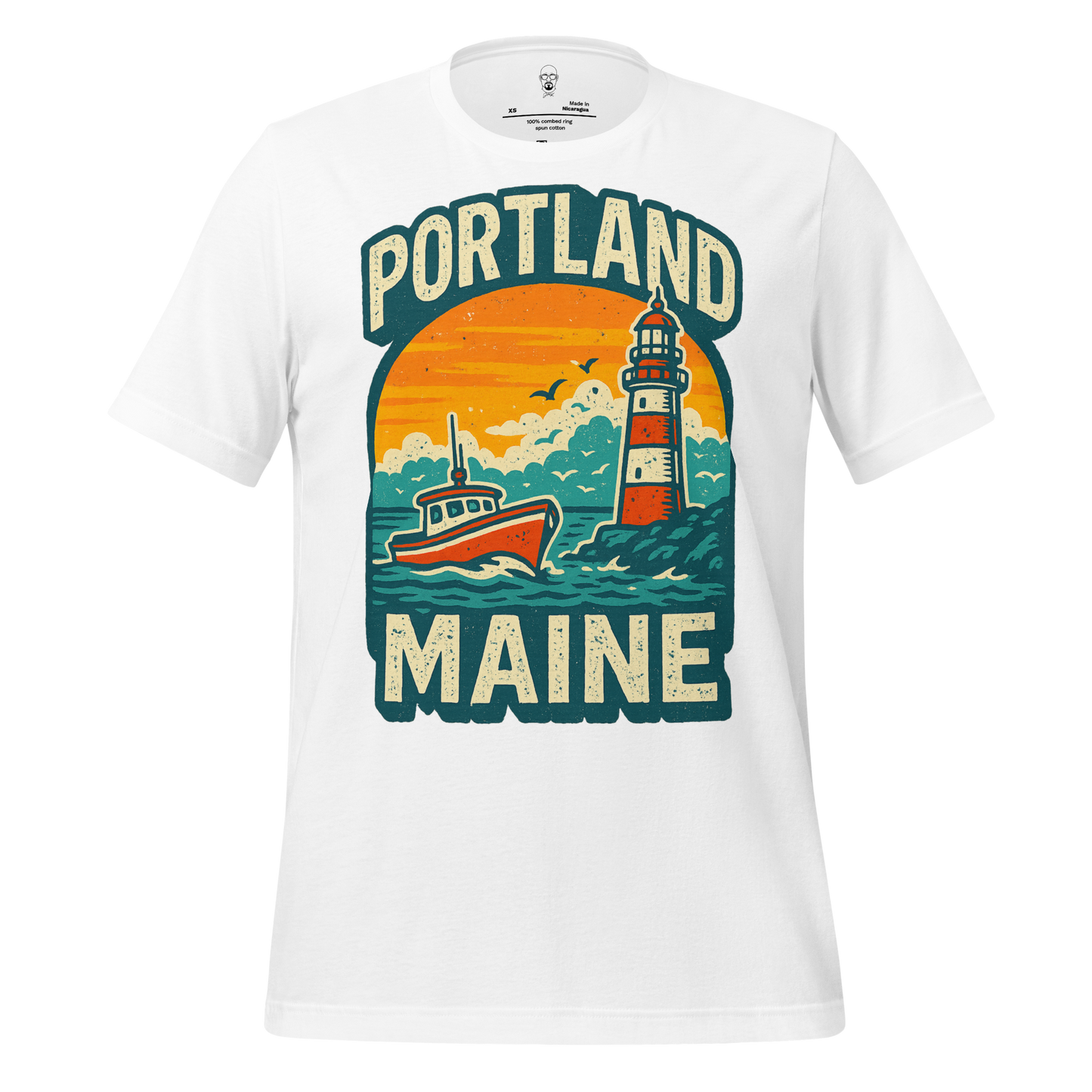 White Portland Graphic T-Shirt 1 featuring a boat and lighthouse with Portland Maine text