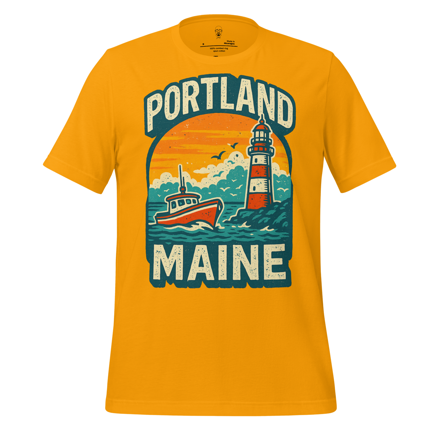 JMK Drip yellow Portland Graphic T-Shirt 1 featuring Portland Maine lighthouse and boat design