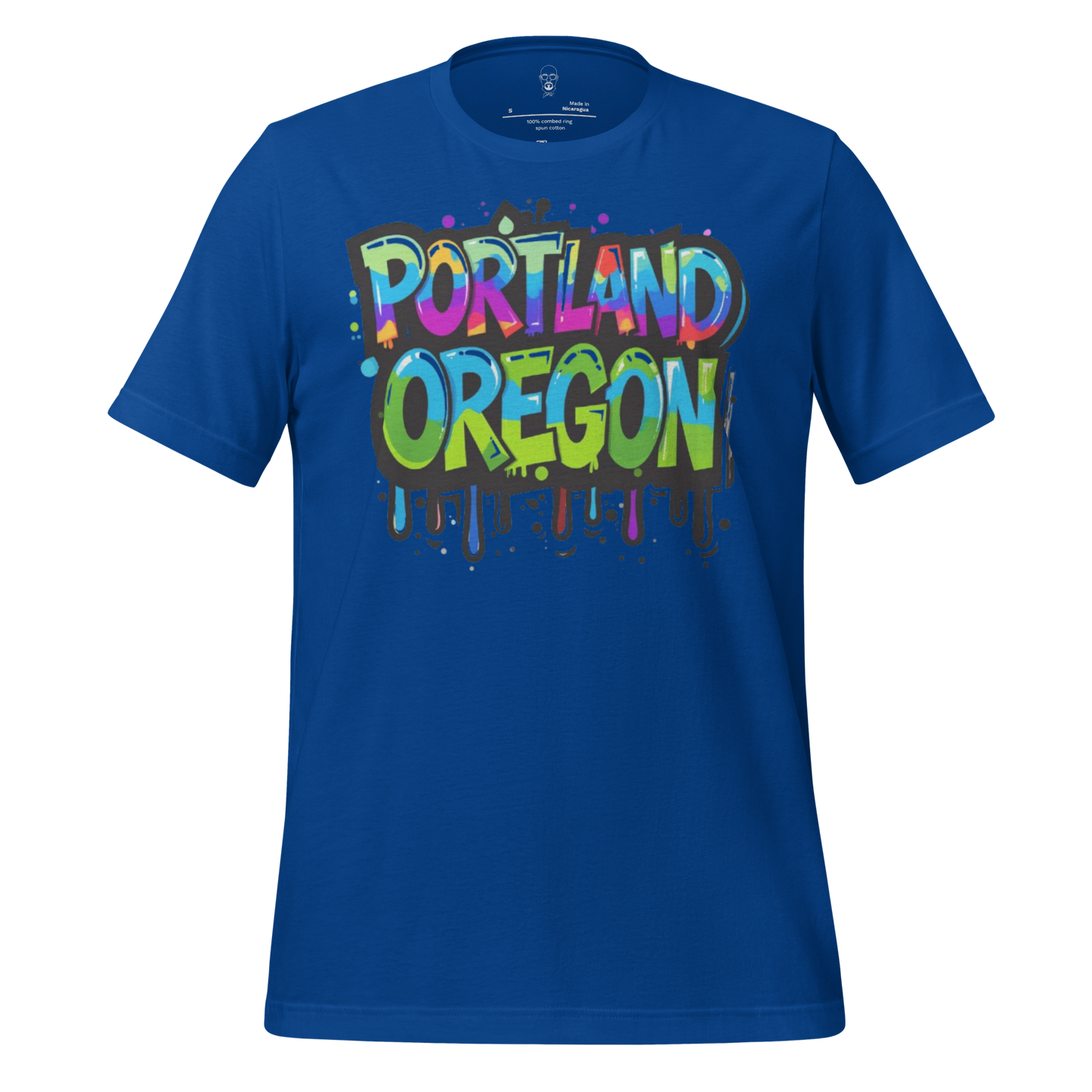 Blue JMK Drip Portland Oregon graphic tee with colorful graffiti style text design