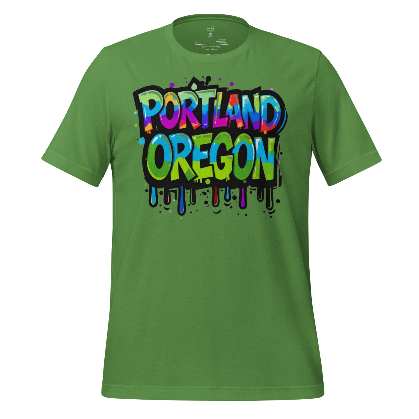 Green Portland Oregon graphic tee with colorful graffiti style text and paint drip design