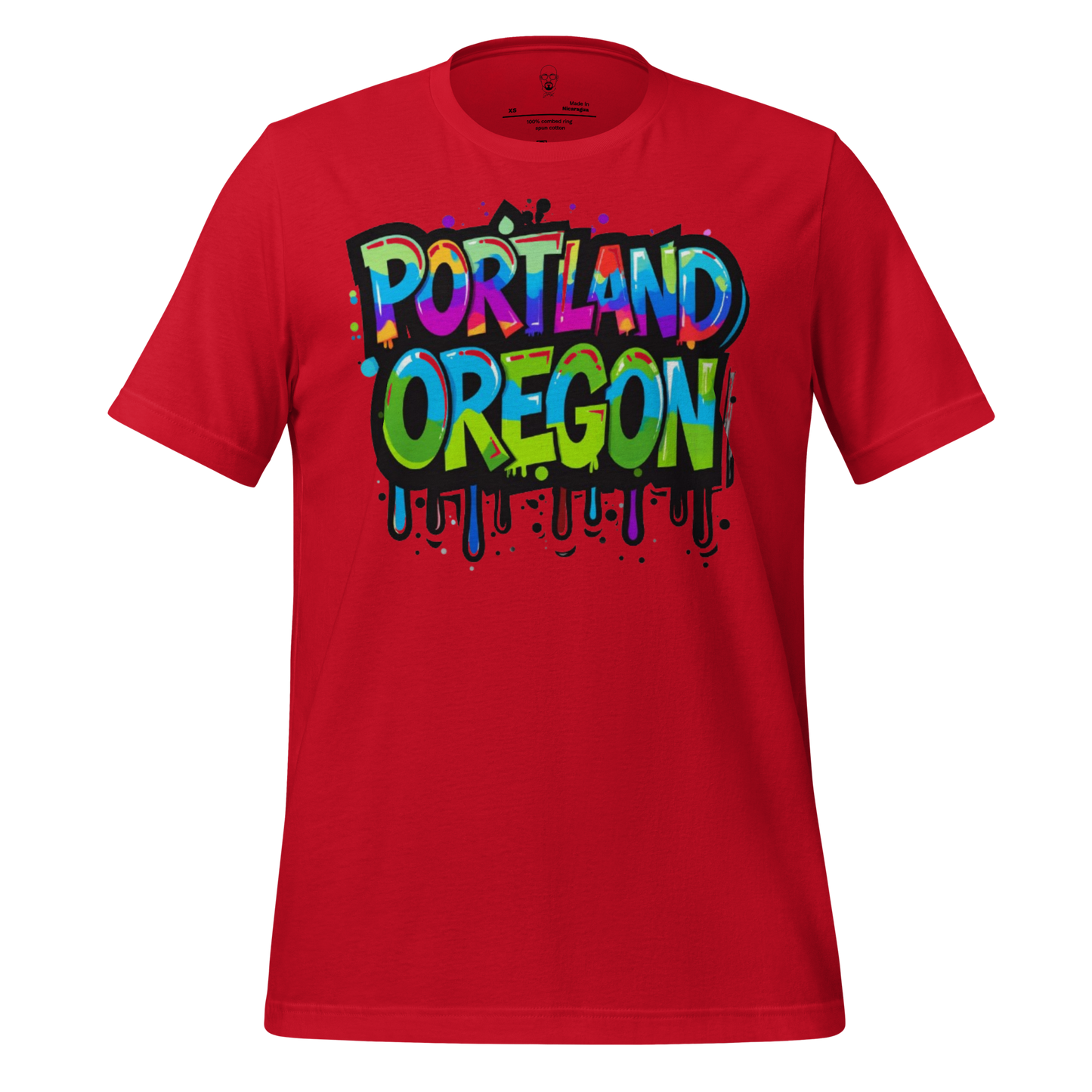 Red JMK Drip Portland Oregon graphic tee with colorful graffiti style design on front