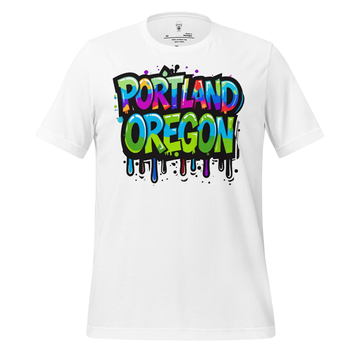 White JMK Drip Portland Oregon graphic tee with colorful graffiti style text design
