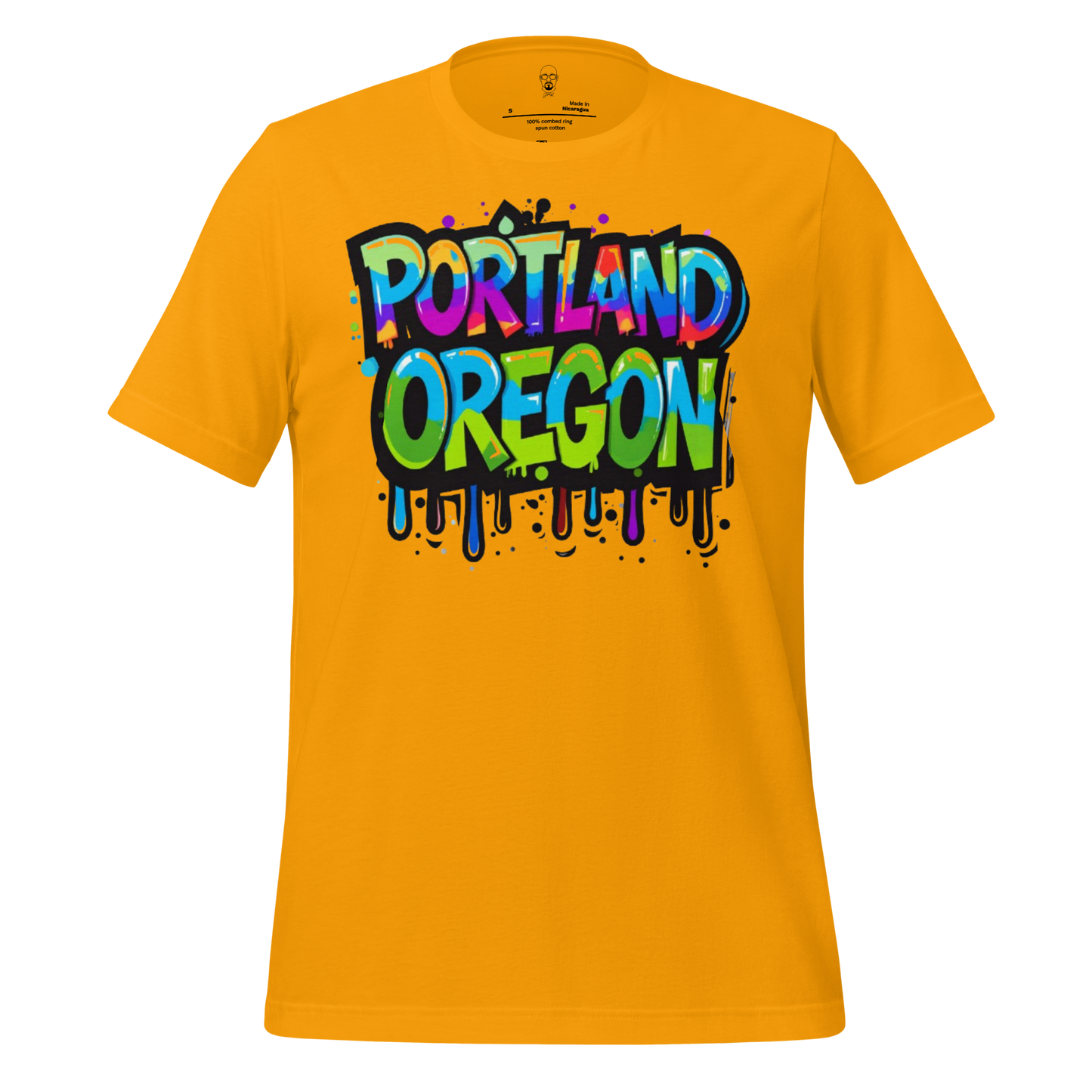 Yellow Portland Oregon graphic tee with colorful graffiti style text design by JMK Drip