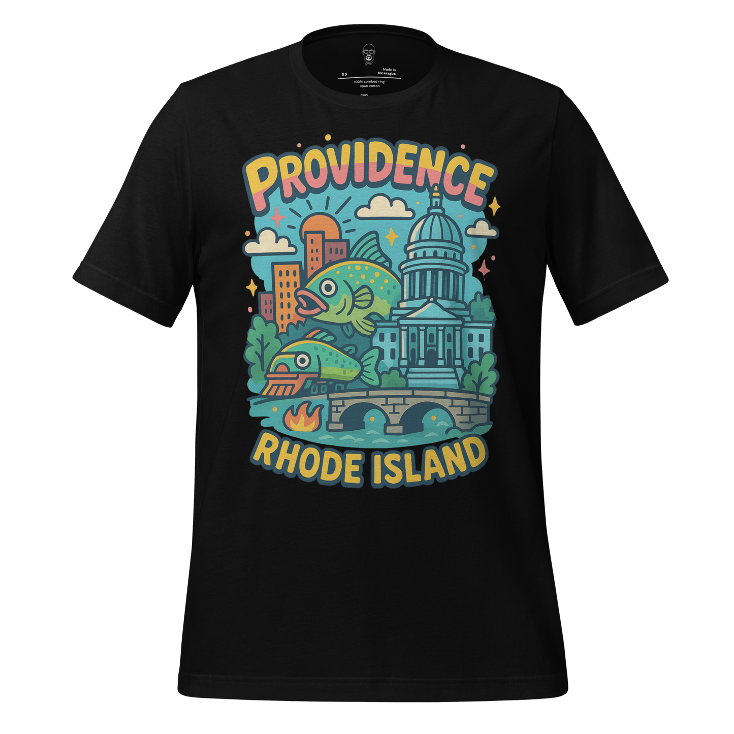 JMK Drip Providence Graphic T-Shirt with colorful Rhode Island cityscape and fish design on black