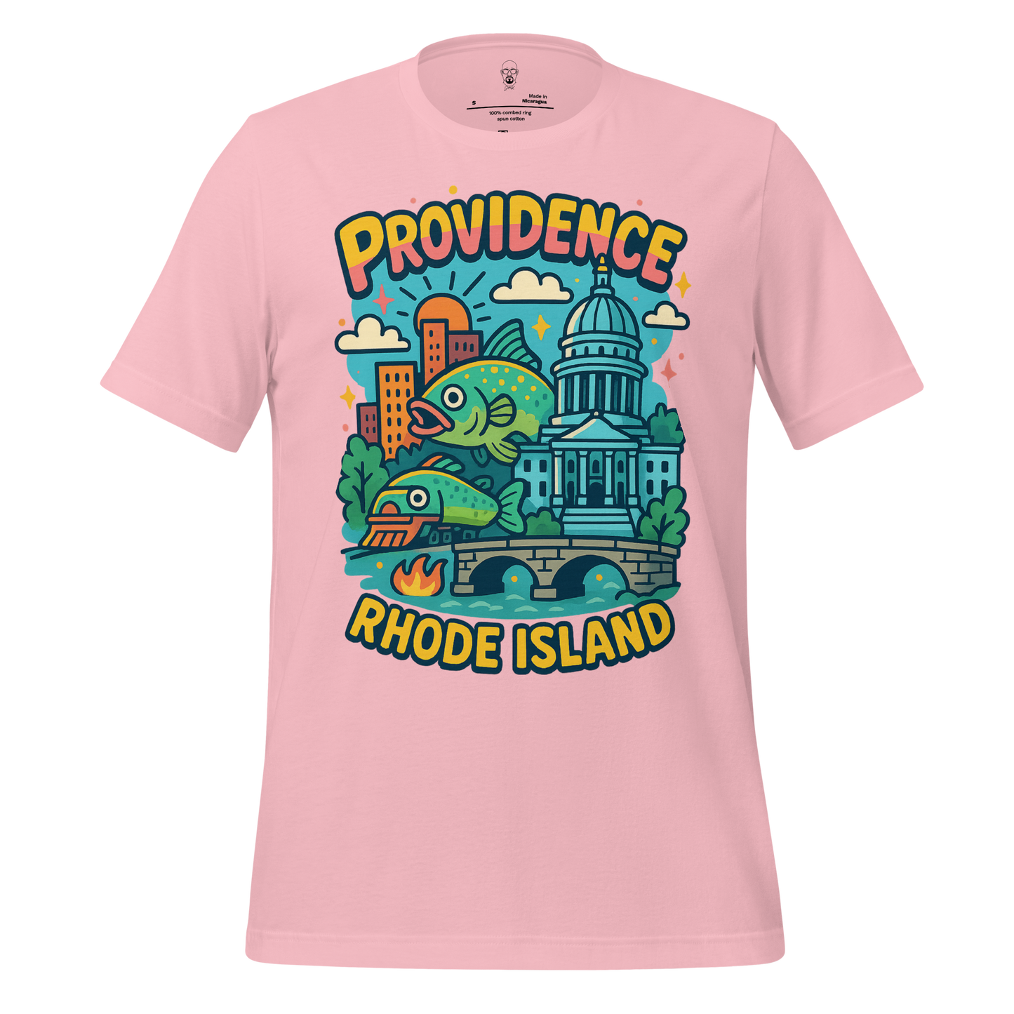 Pink JMK Drip Providence Graphic T-Shirt featuring colorful Rhode Island landmarks and fish design