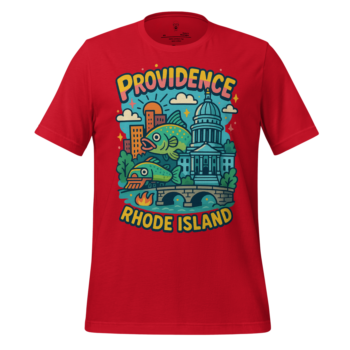 JMK Drip Providence Graphic T-Shirt in red featuring colorful Providence Rhode Island cityscape and fish design