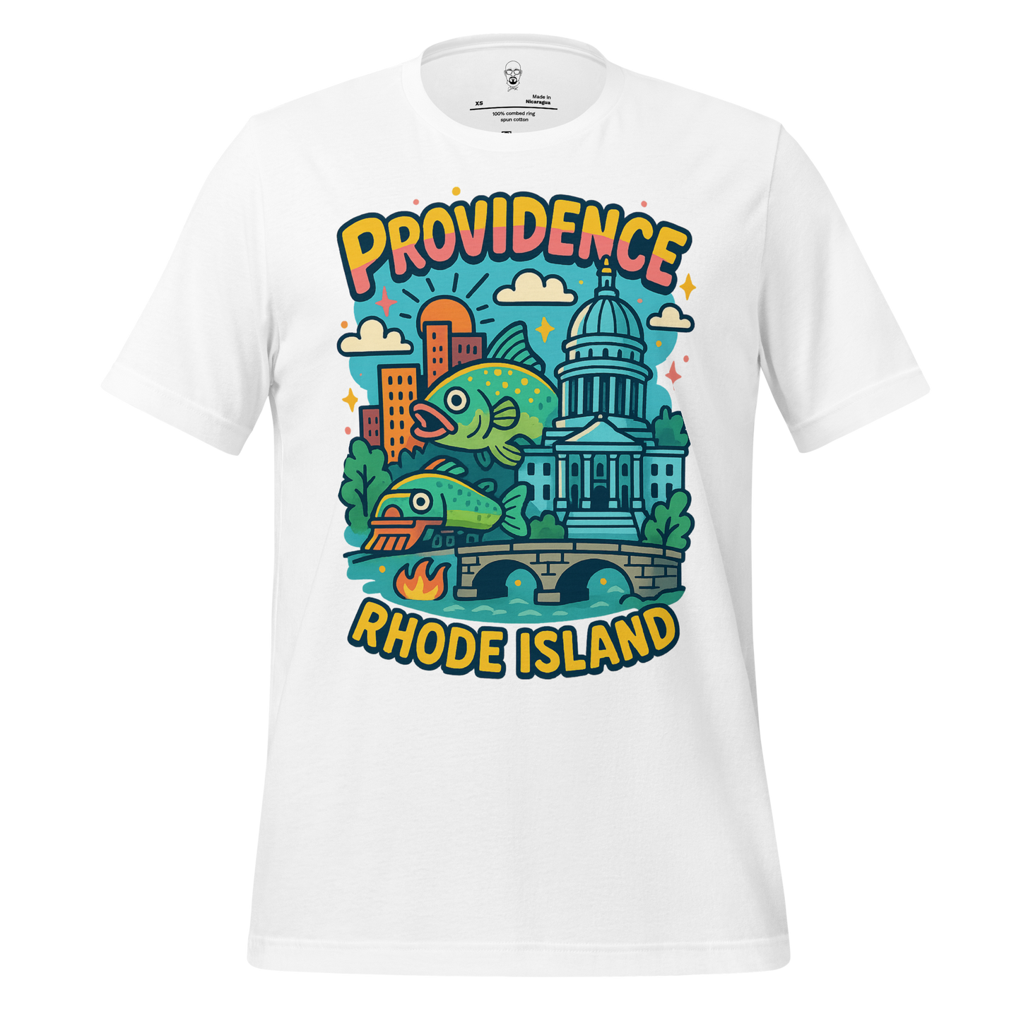 JMK Drip Providence Graphic T-Shirt white with colorful Rhode Island cityscape and fish design