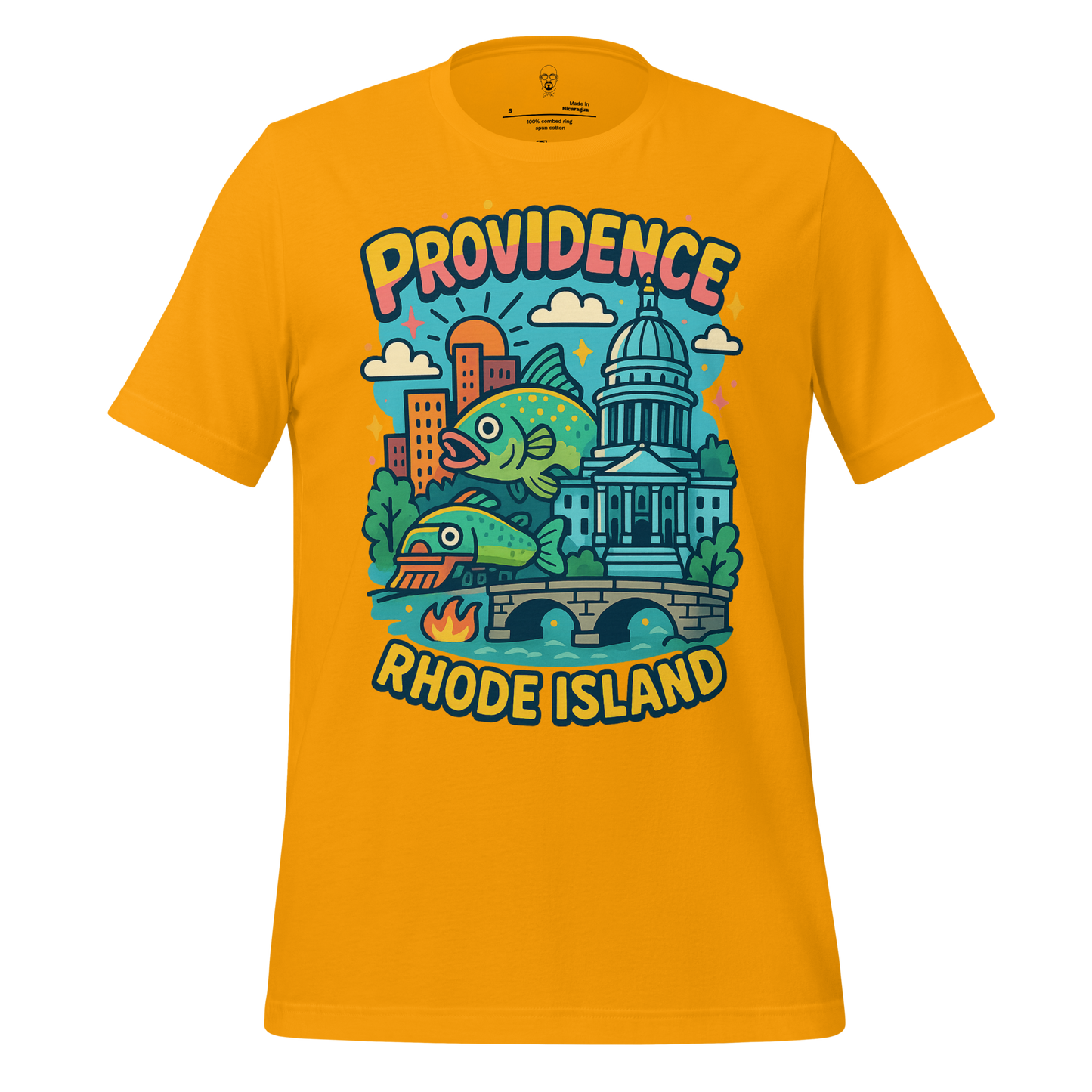 JMK Drip Providence Graphic T-Shirt in yellow featuring colorful Rhode Island cityscape and fish design