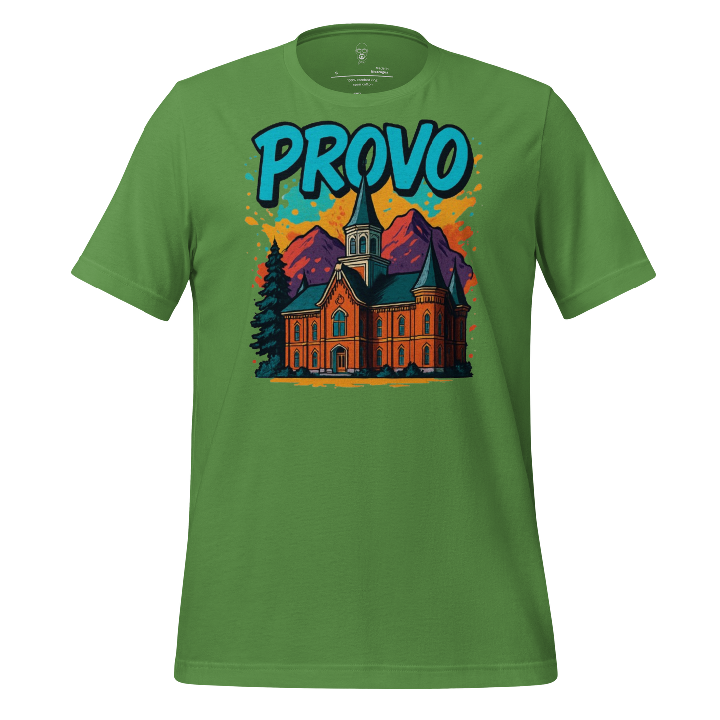 Green Provo graphic t-shirt featuring a colorful mountain and church design by JMK Drip