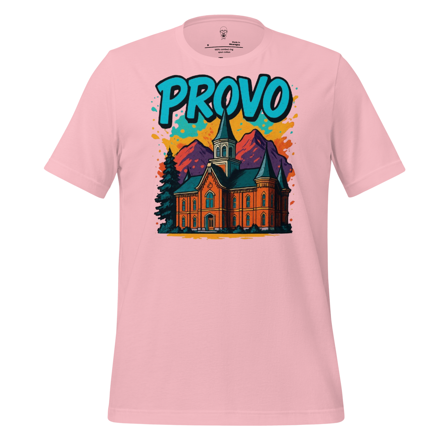 Pink Provo graphic t-shirt with colorful illustration of a church and mountains by JMK Drip