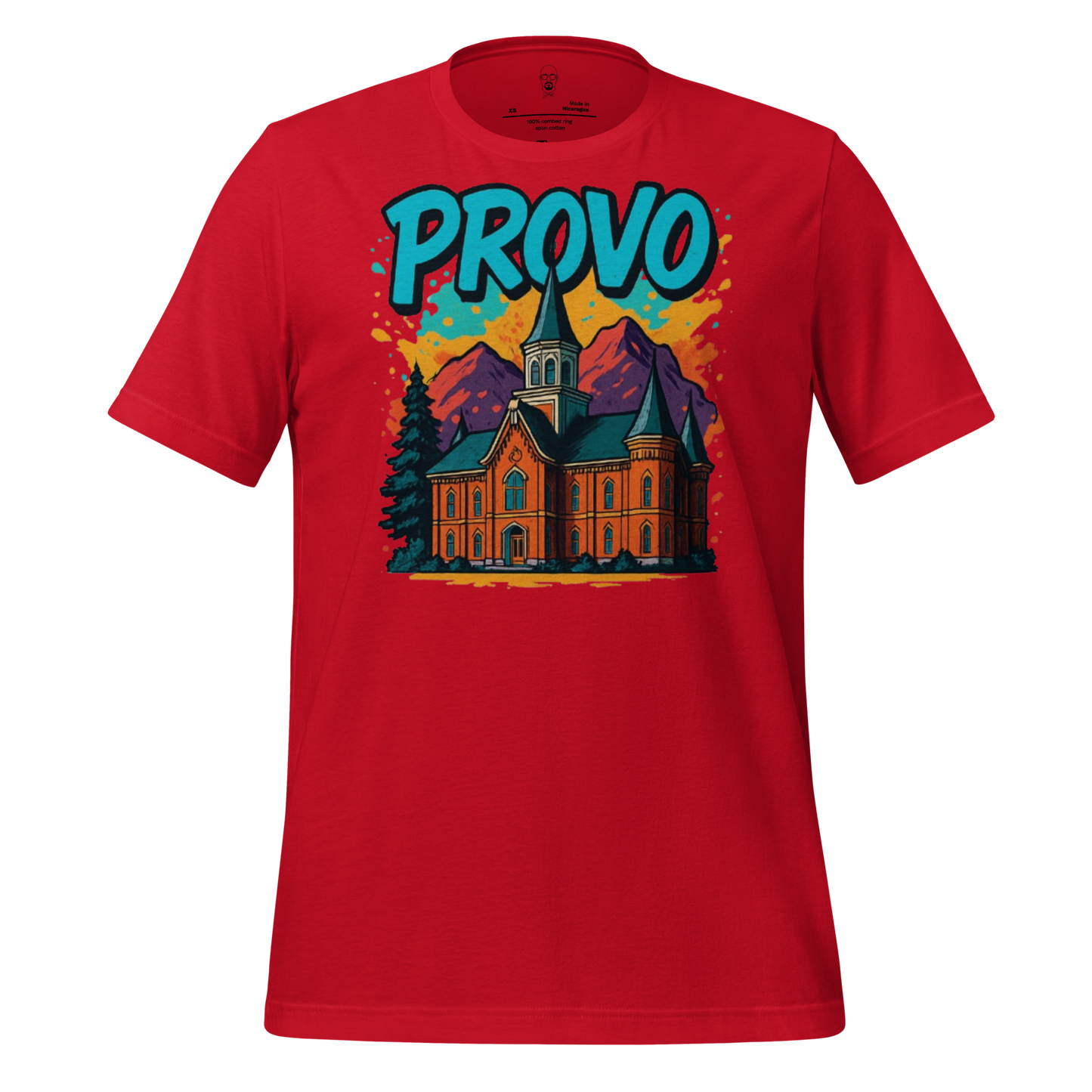 Red JMK Drip Provo graphic t-shirt with colorful church and mountain design