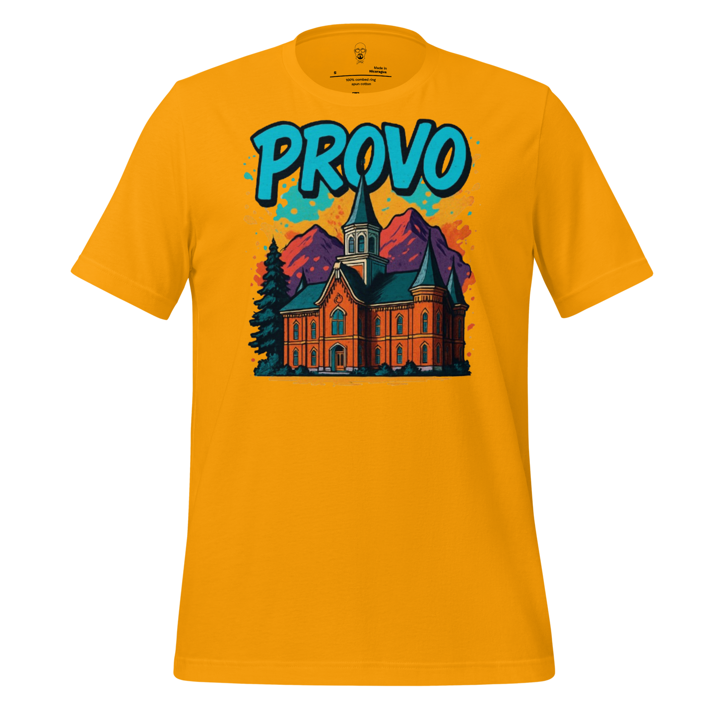 JMK Drip yellow Provo graphic t-shirt featuring a colorful church and mountain design