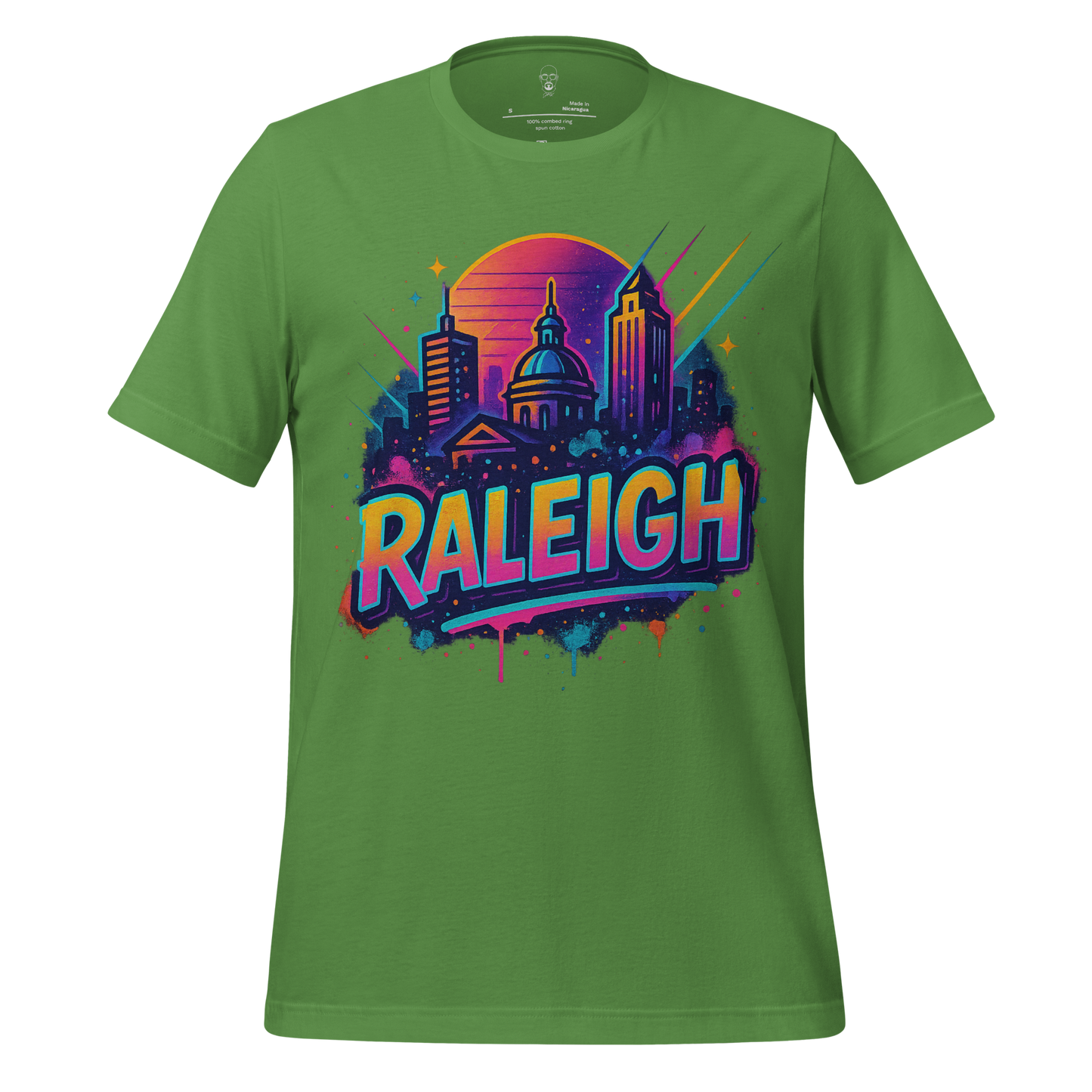 JMK Drip green Raleigh Graphic T-Shirt with colorful city skyline and sunset design